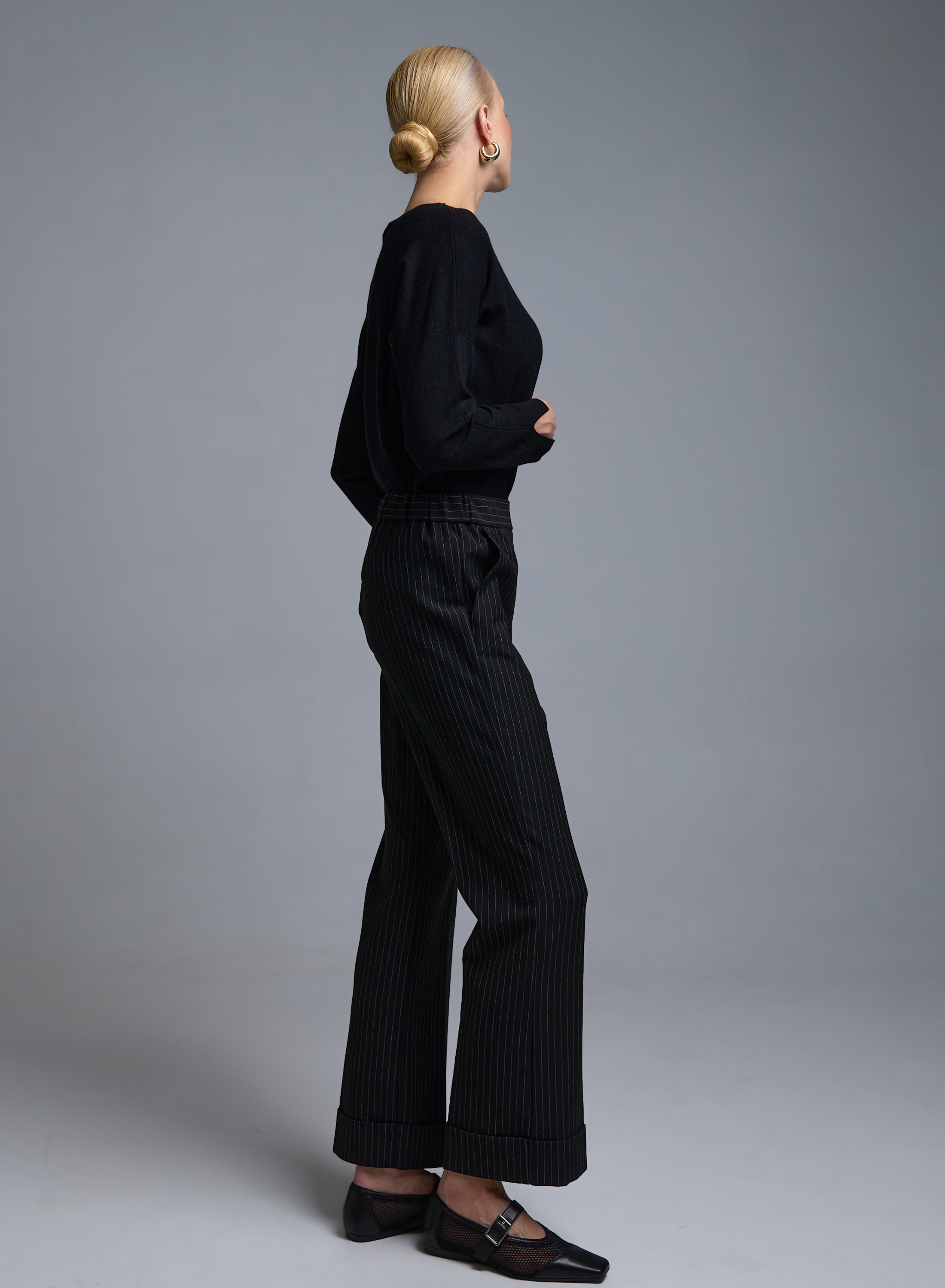 Black striped straight fit Trousers with turn ups and with elasticated rear waist Emme Marella - 2