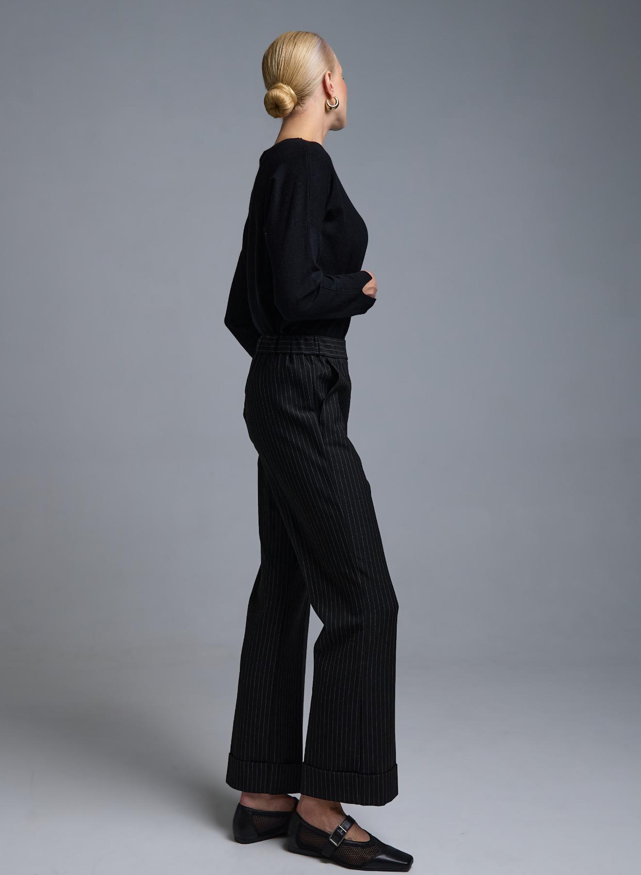 Black striped straight fit Trousers with turn ups and with elasticated rear waist Emme Marella - 3