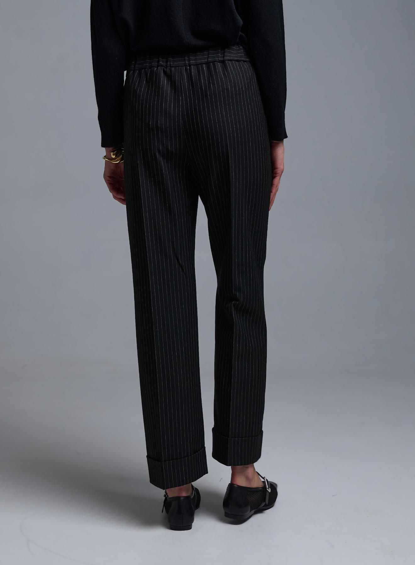 Black striped straight fit Trousers with turn ups and with elasticated rear waist Emme Marella - 4