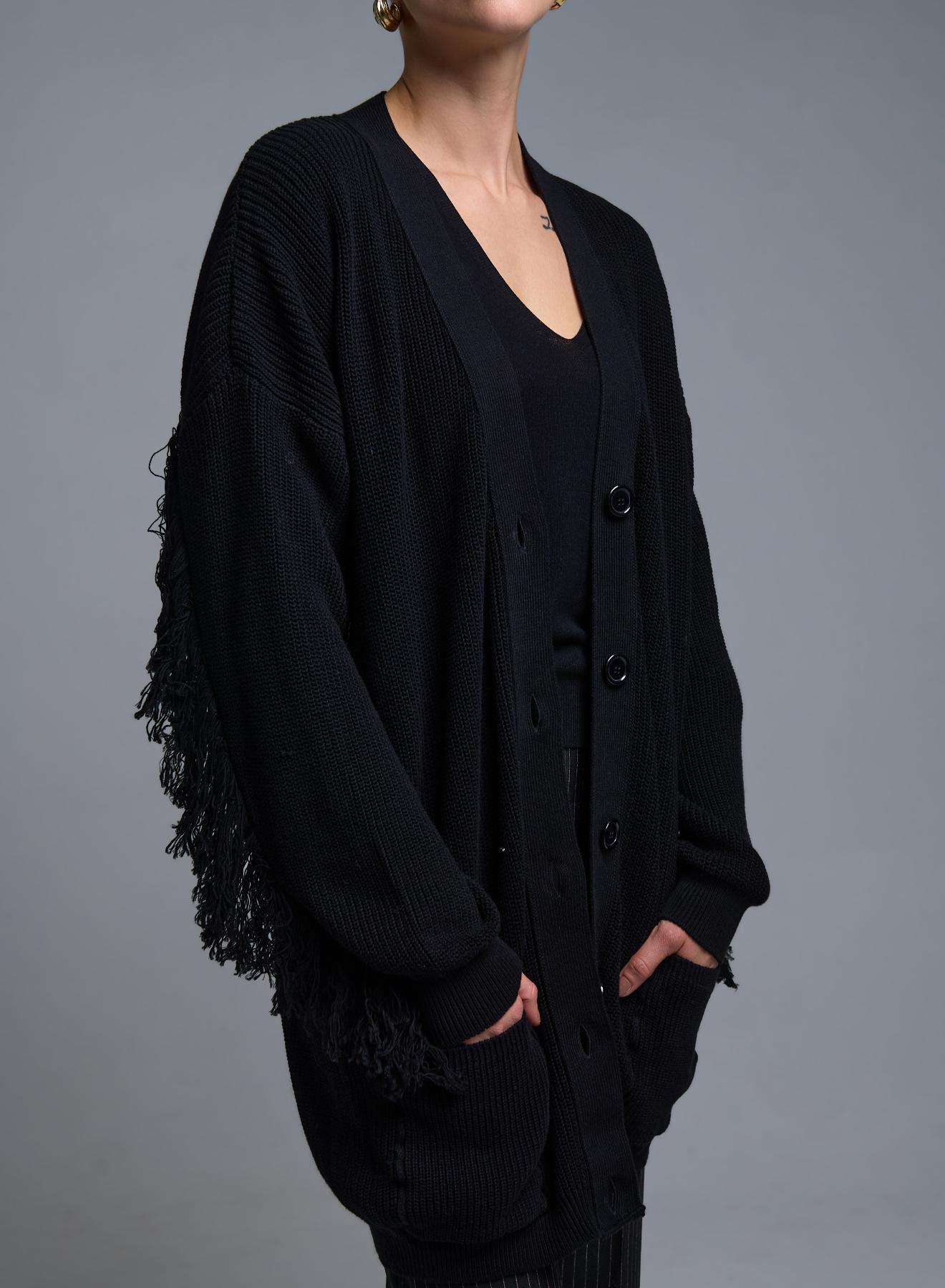 Μαύρη πλεκτή Ζακέτα με κρόσια και με εξωτερικές τσέπες μπροστά Kontatto - 4