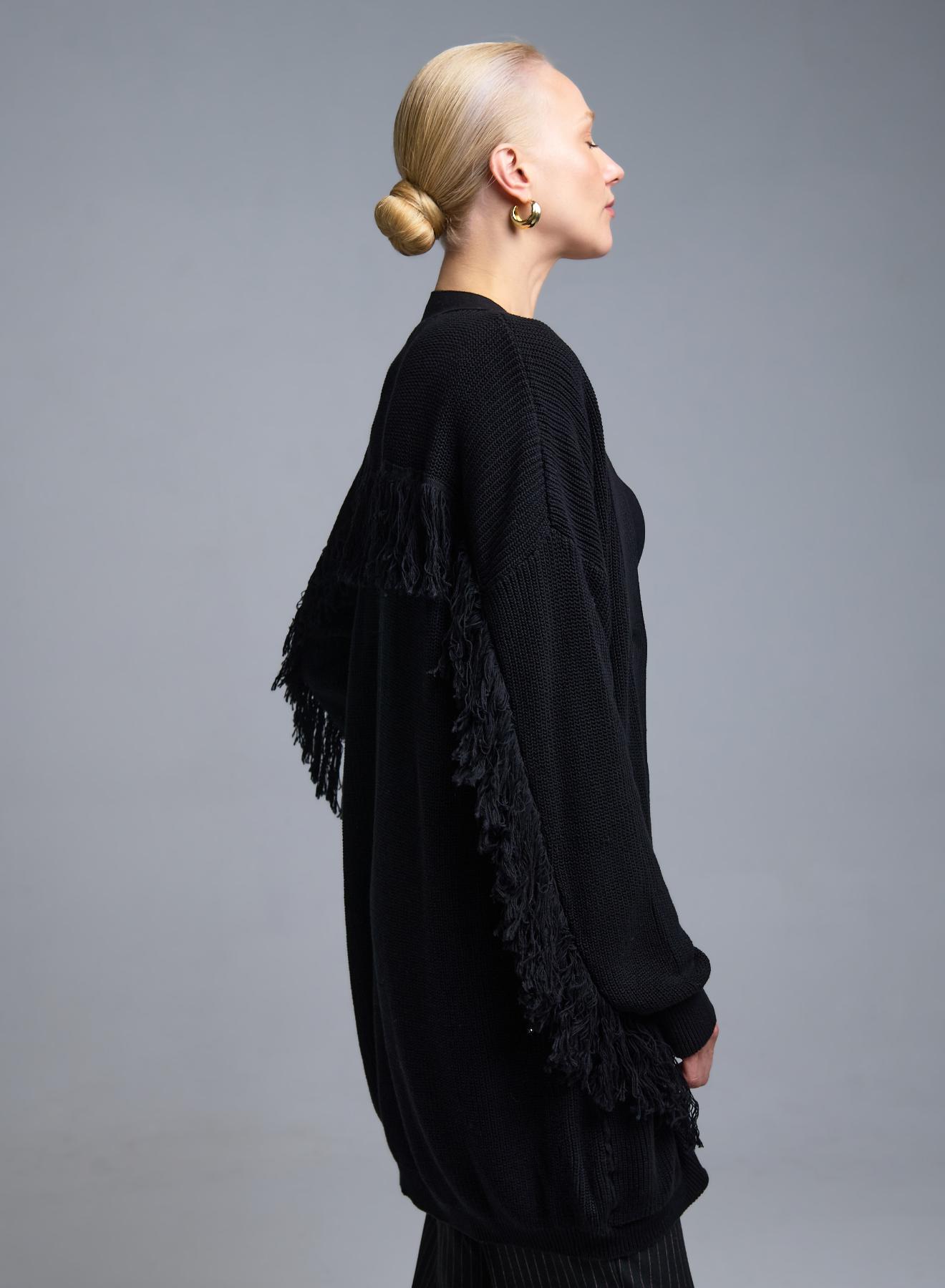 Μαύρη πλεκτή Ζακέτα με κρόσια και με εξωτερικές τσέπες μπροστά Kontatto - 5