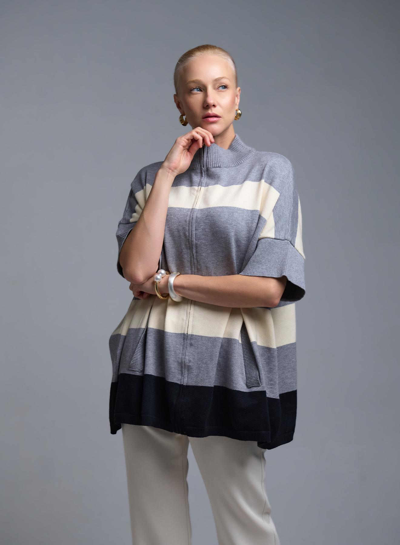 Ecru-Black-Grey knitted Cardigan with short sleeves and with zipper Valentina Milano - 1