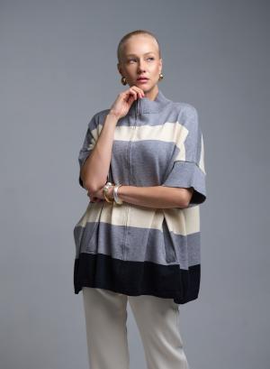 Ecru-Black-Grey knitted Cardigan with short sleeves and with zipper Valentina Milano - 53632