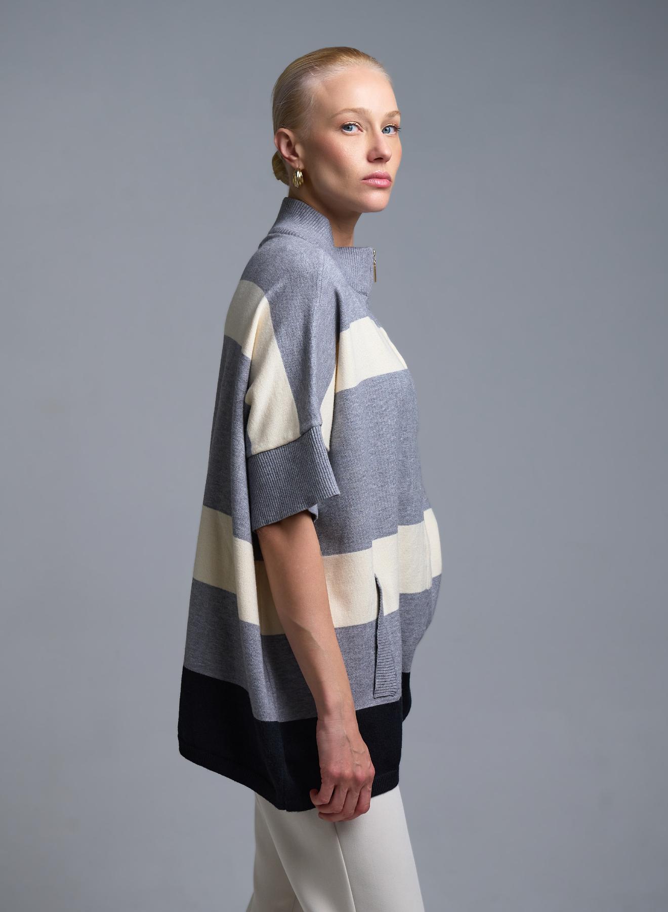 Ecru-Black-Grey knitted Cardigan with short sleeves and with zipper Valentina Milano - 4