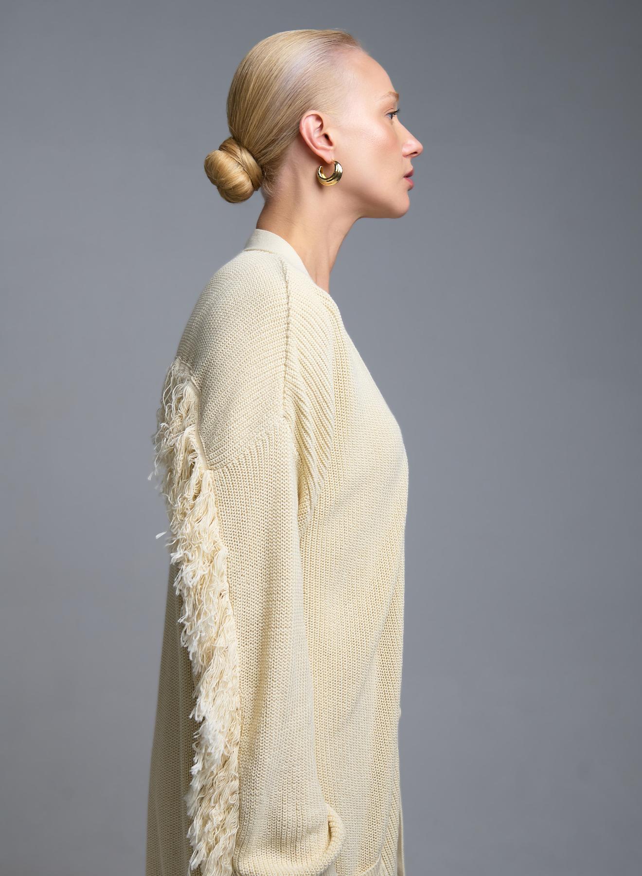 Βανίλια πλεκτή Ζακέτα με κρόσια και με εξωτερικές τσέπες μπροστά Kontatto - 4