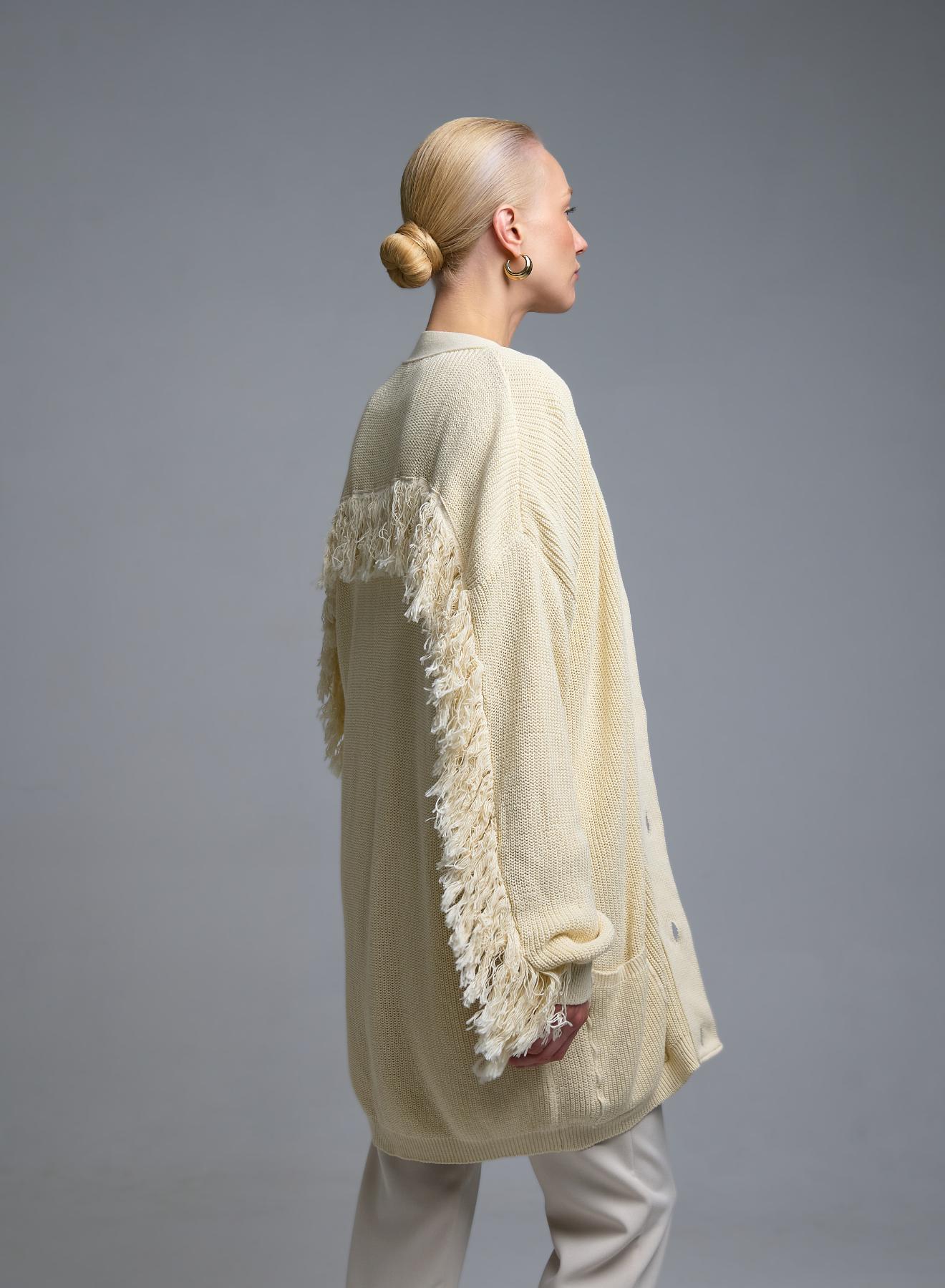 Βανίλια πλεκτή Ζακέτα με κρόσια και με εξωτερικές τσέπες μπροστά Kontatto - 5