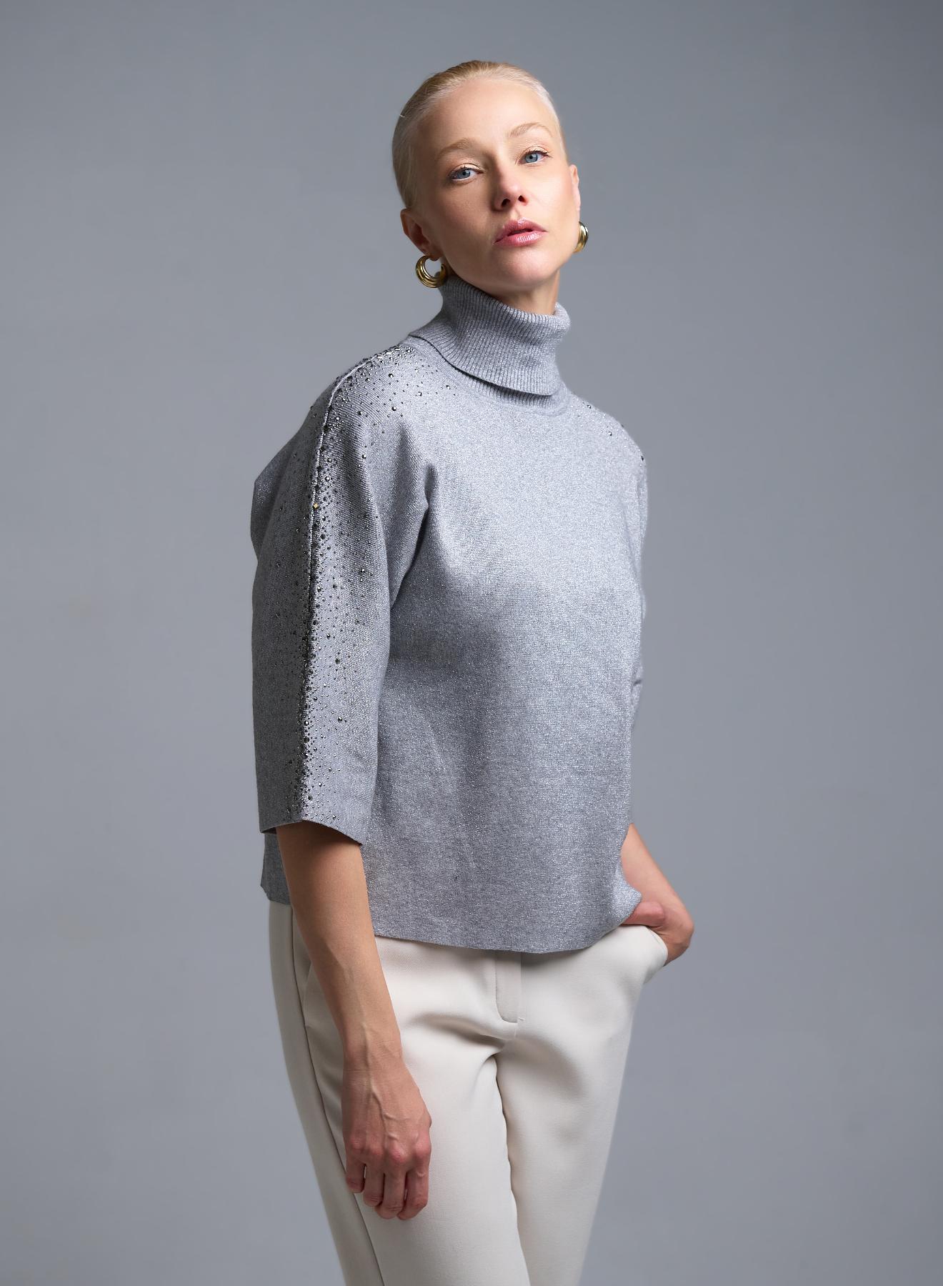 Γκρι Πουλόβερ ζιβάγκο με τρία τέταρτα μανίκια με στρας Valentina Milano - 2