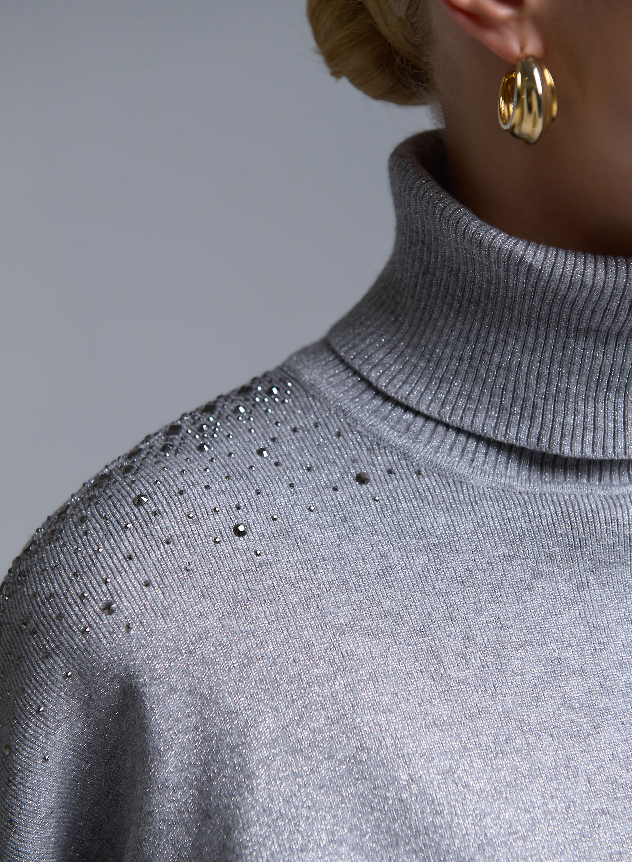 Γκρι Πουλόβερ ζιβάγκο με τρία τέταρτα μανίκια με στρας Valentina Milano - 2