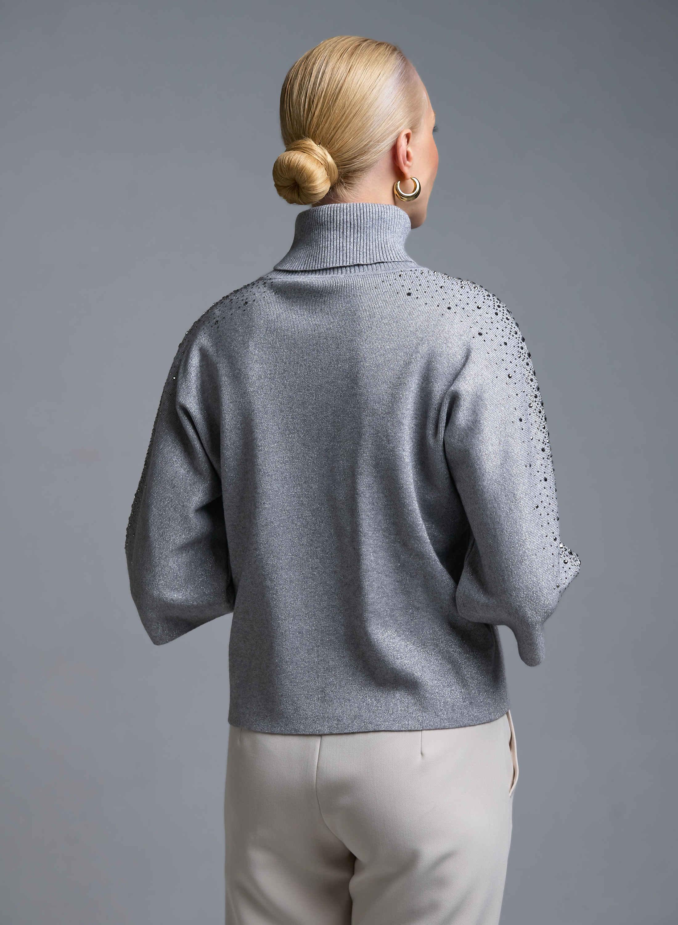 Γκρι Πουλόβερ ζιβάγκο με τρία τέταρτα μανίκια με στρας Valentina Milano - 5