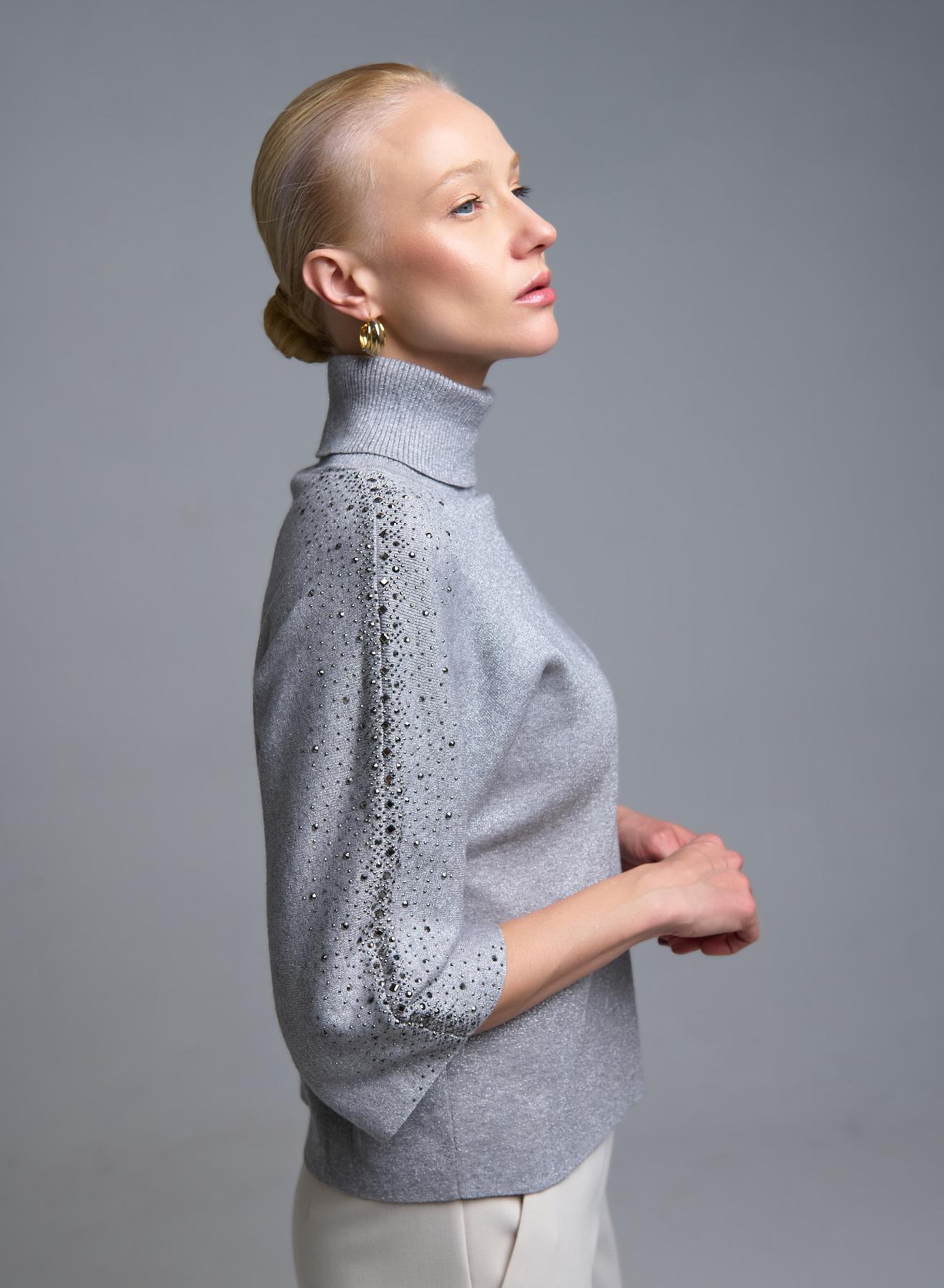 Γκρι Πουλόβερ ζιβάγκο με τρία τέταρτα μανίκια με στρας Valentina Milano - 5