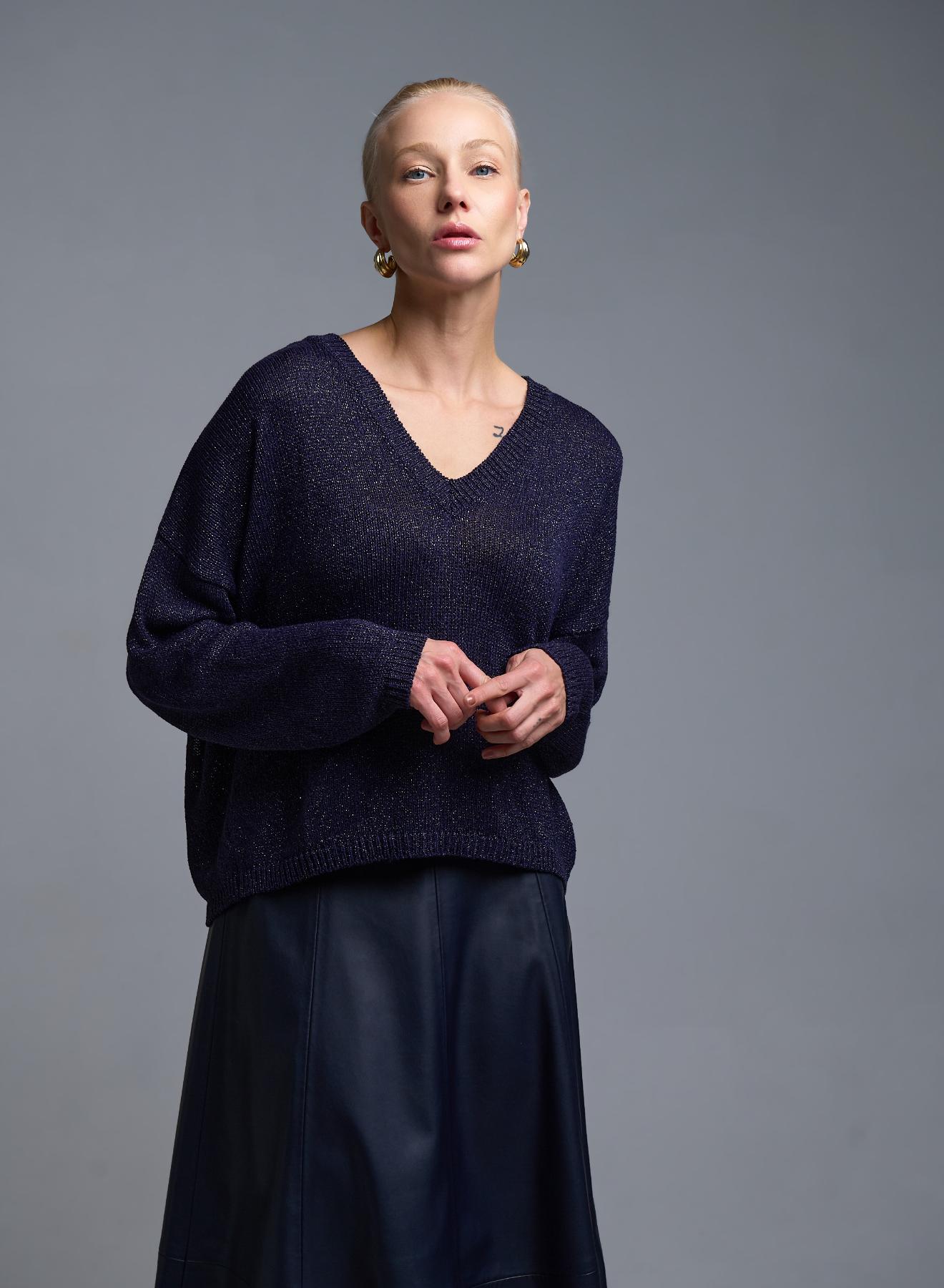 Μπλε πλεκτή λούρεξ Μπλούζα με V λαιμόκοψη Kontatto - 4