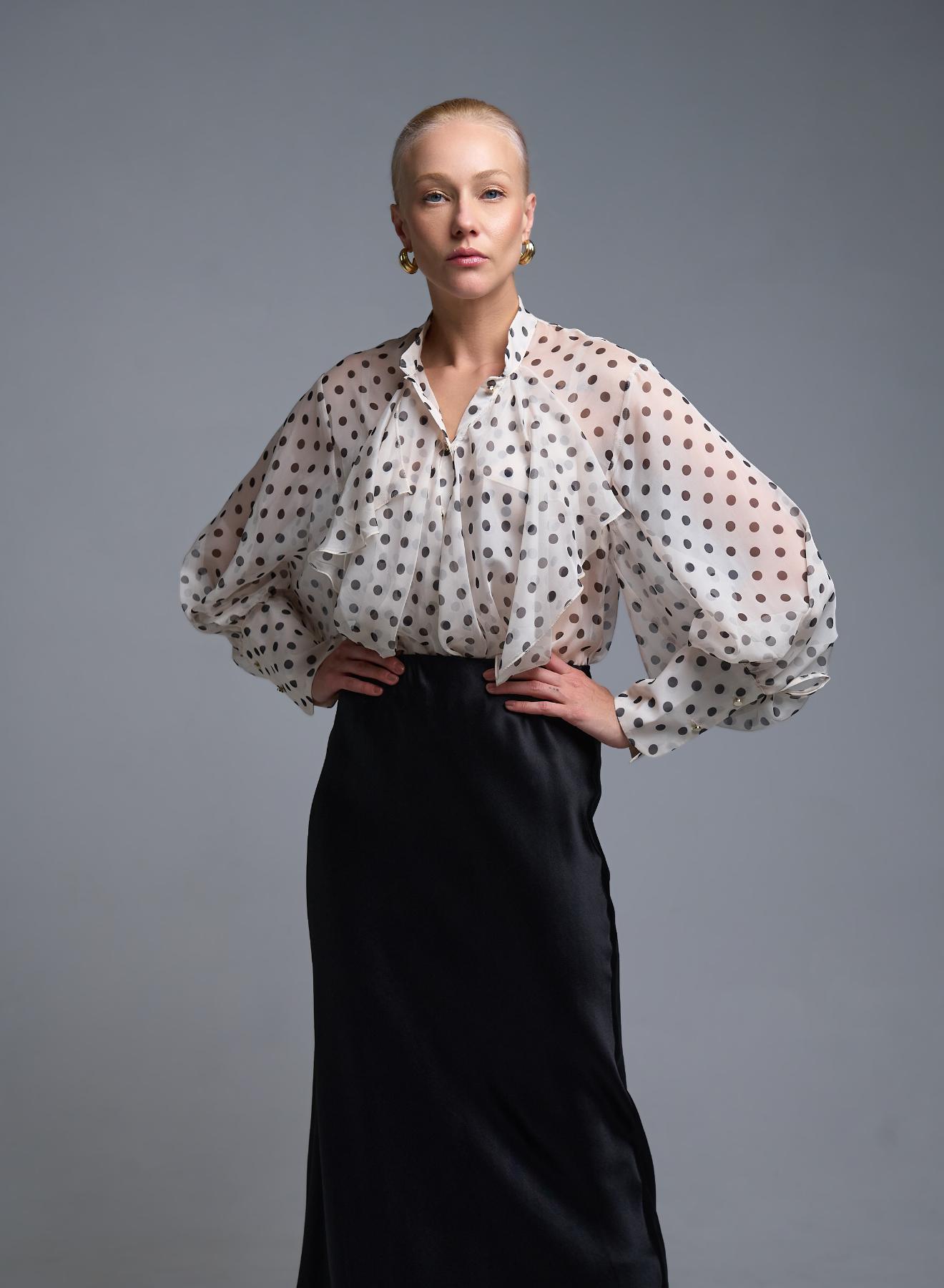 Ecru-Black polka dot Shirt with ruffles and with Mao collar Imperial - 1