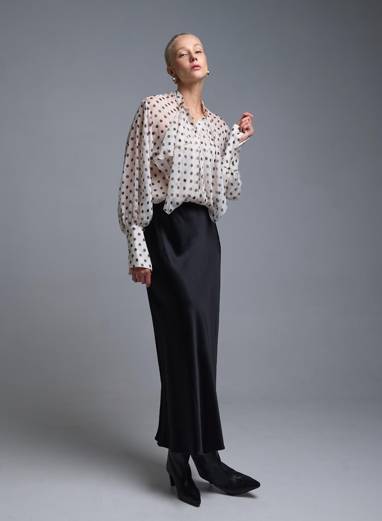 Ecru-Black polka dot Shirt with ruffles and with Mao collar Imperial - 2