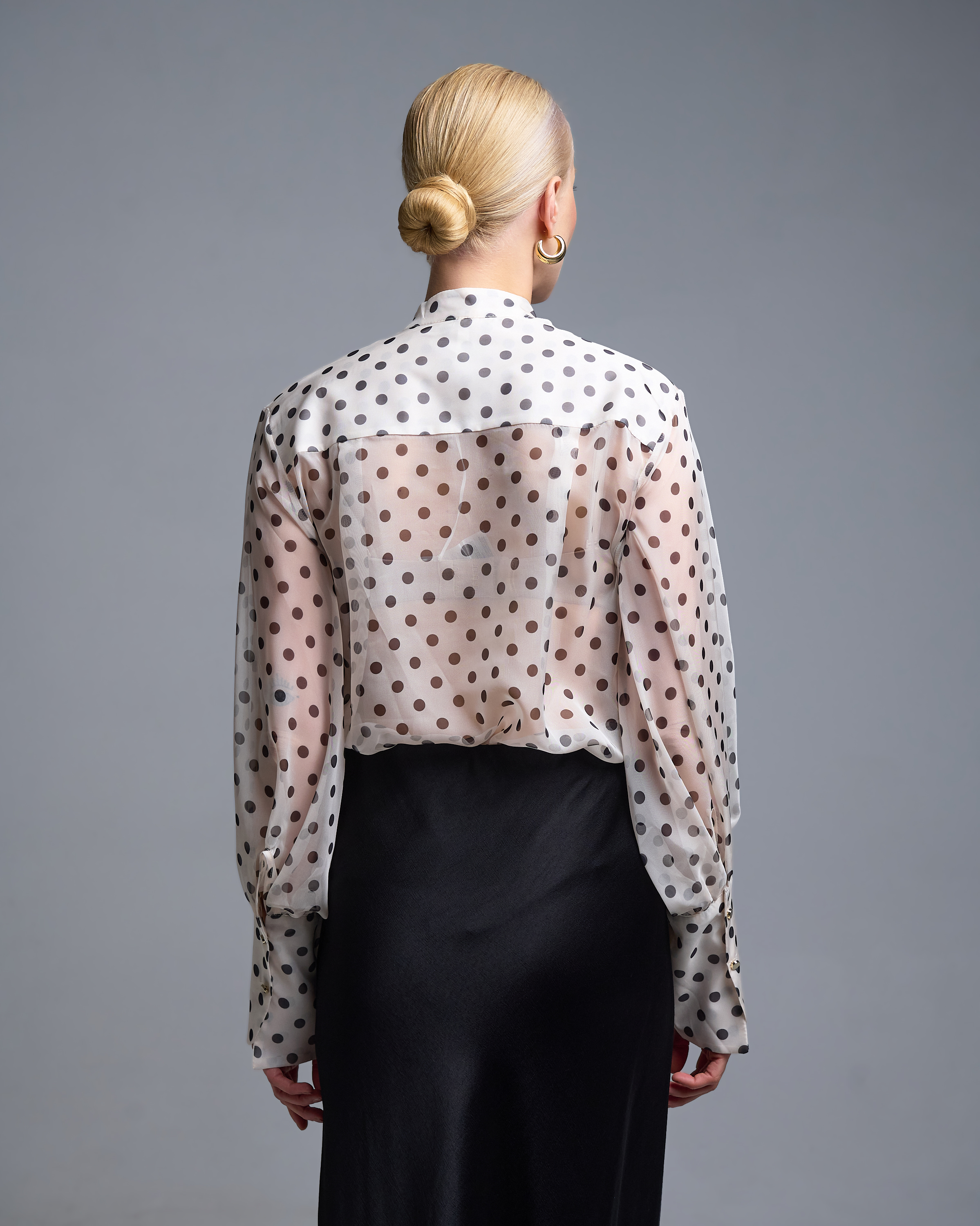 Ecru-Black polka dot Shirt with ruffles and with Mao collar Imperial - 5