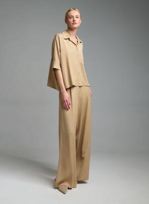 Μπεζ wide legs Παντελόνι με πιέτες και με λάστιχο πίσω στη μέση Eco - 57691