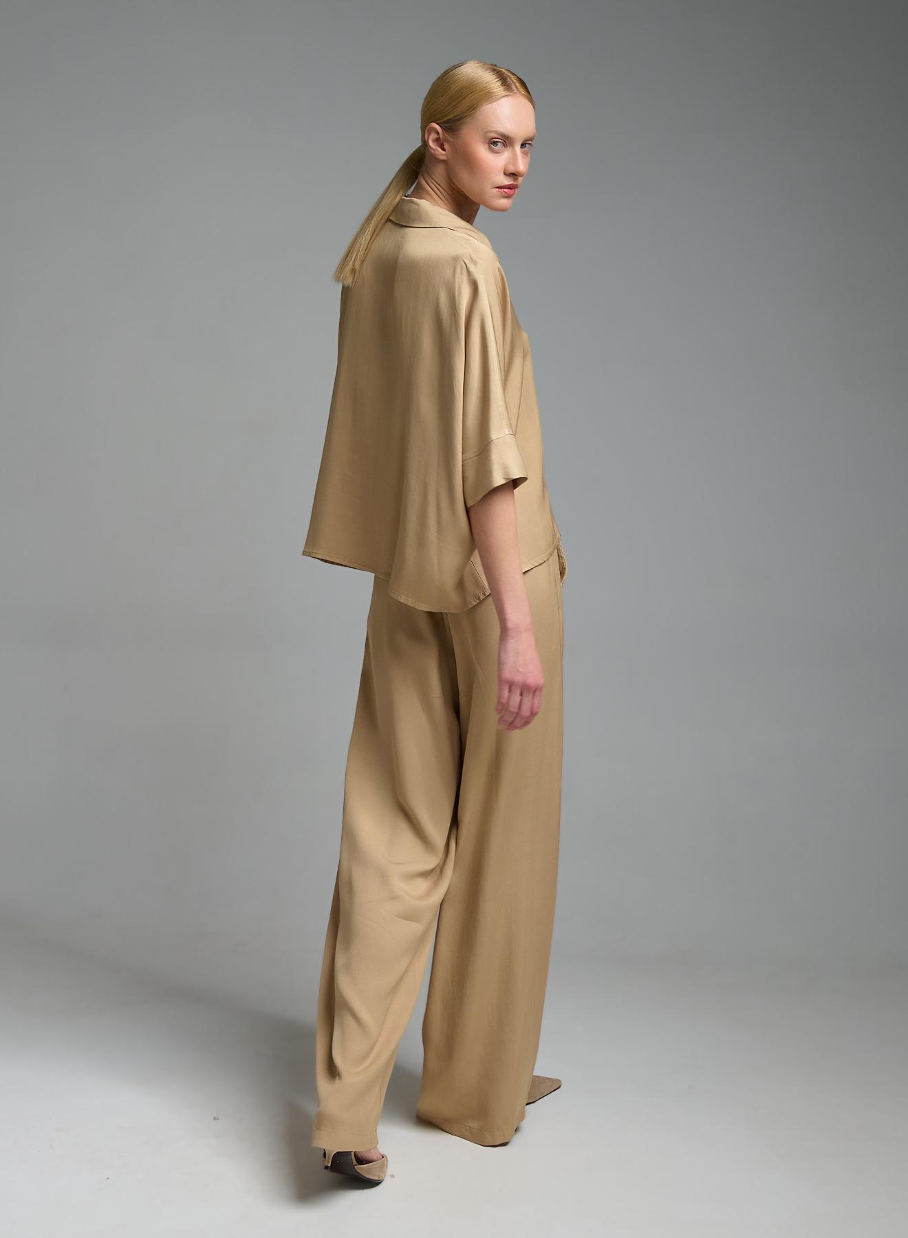 Μπεζ wide legs Παντελόνι με πιέτες και με λάστιχο πίσω στη μέση Eco - 3