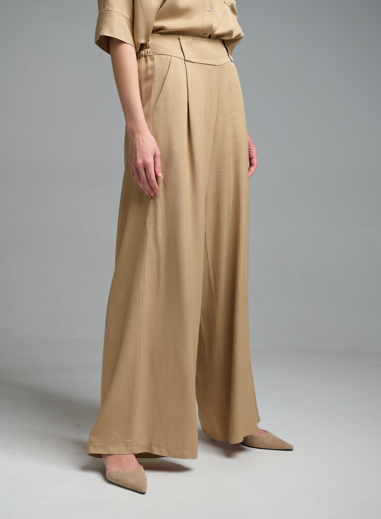 Μπεζ wide legs Παντελόνι με πιέτες και με λάστιχο πίσω στη μέση Eco - 4