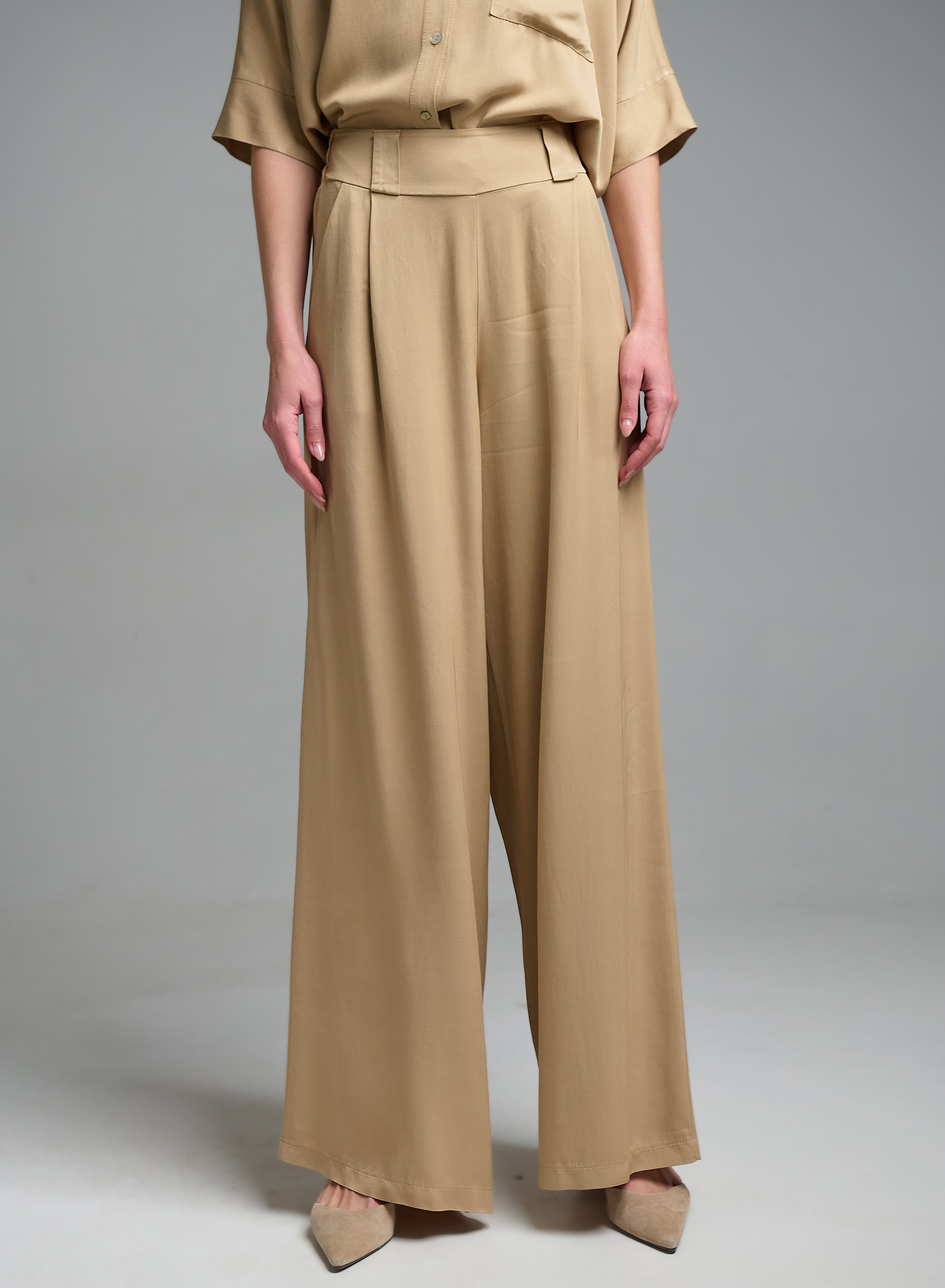 Μπεζ wide legs Παντελόνι με πιέτες και με λάστιχο πίσω στη μέση Eco - 4