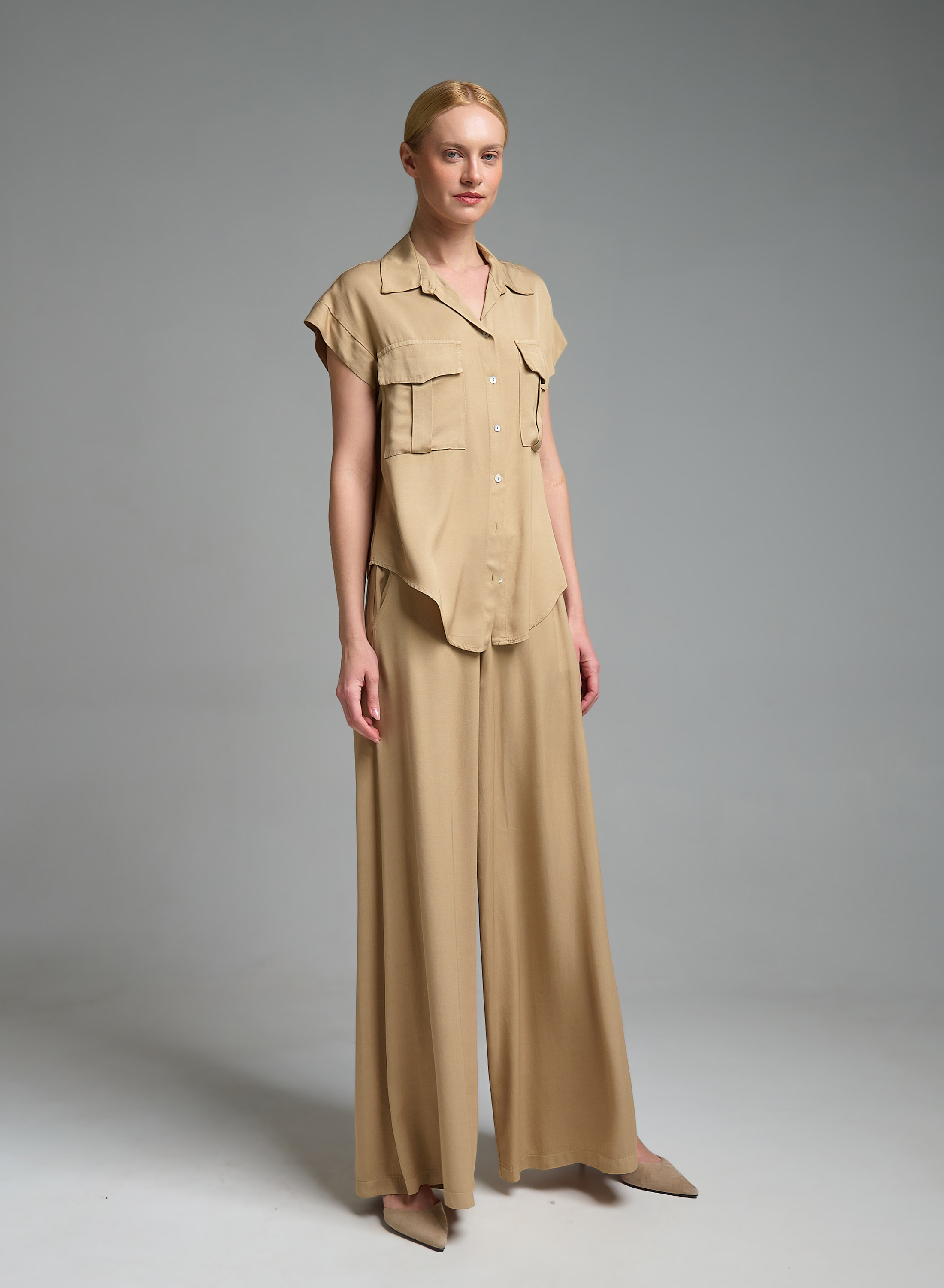 Μπεζ wide legs Παντελόνι με λάστιχο πίσω στη μέση Eco - 2