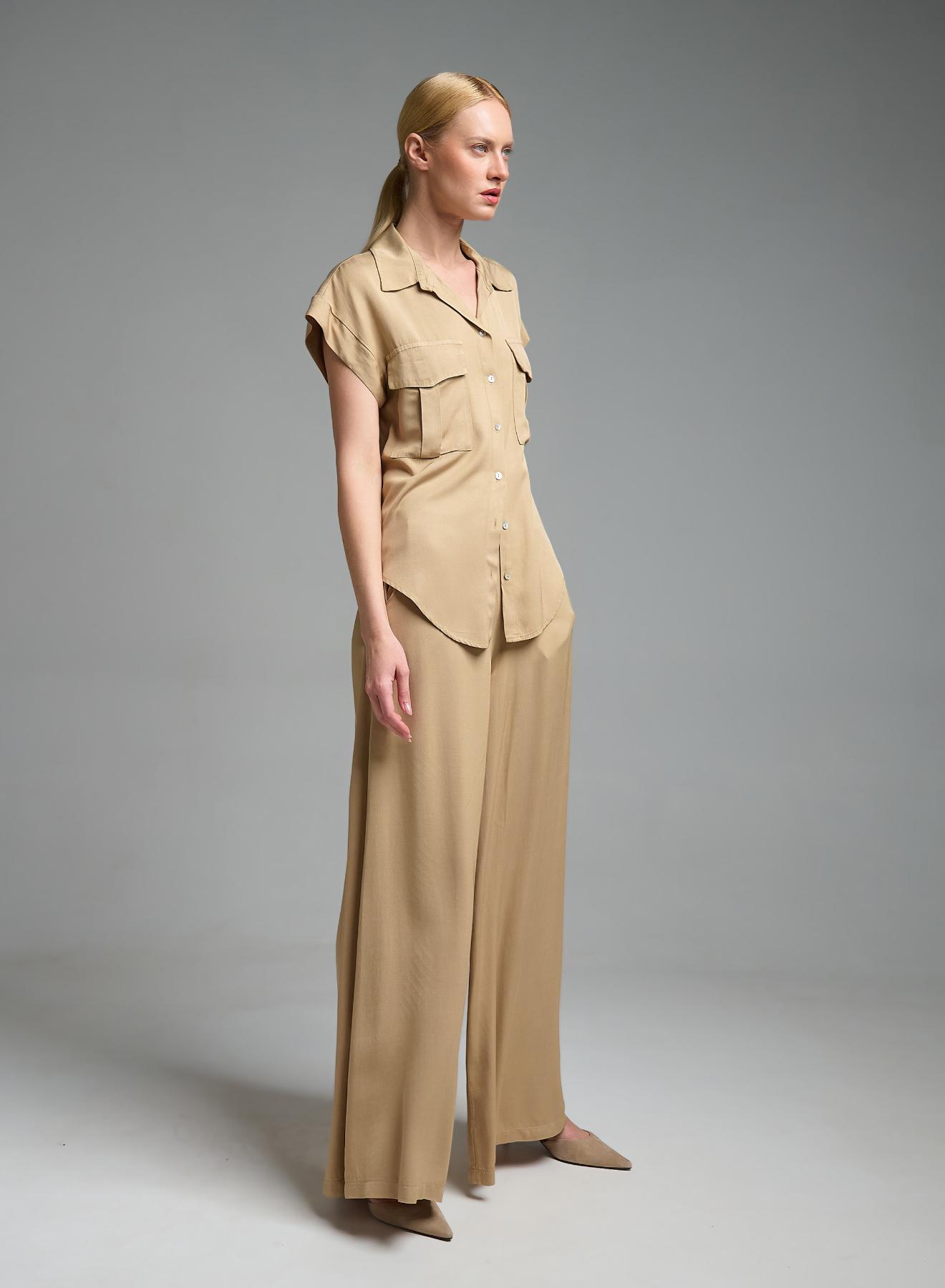 Μπεζ wide legs Παντελόνι με λάστιχο πίσω στη μέση Eco - 1