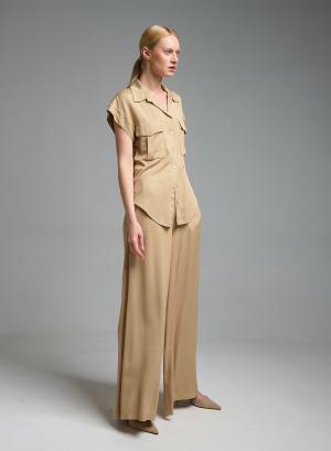 Μπεζ wide legs Παντελόνι με λάστιχο πίσω στη μέση Eco - 57715