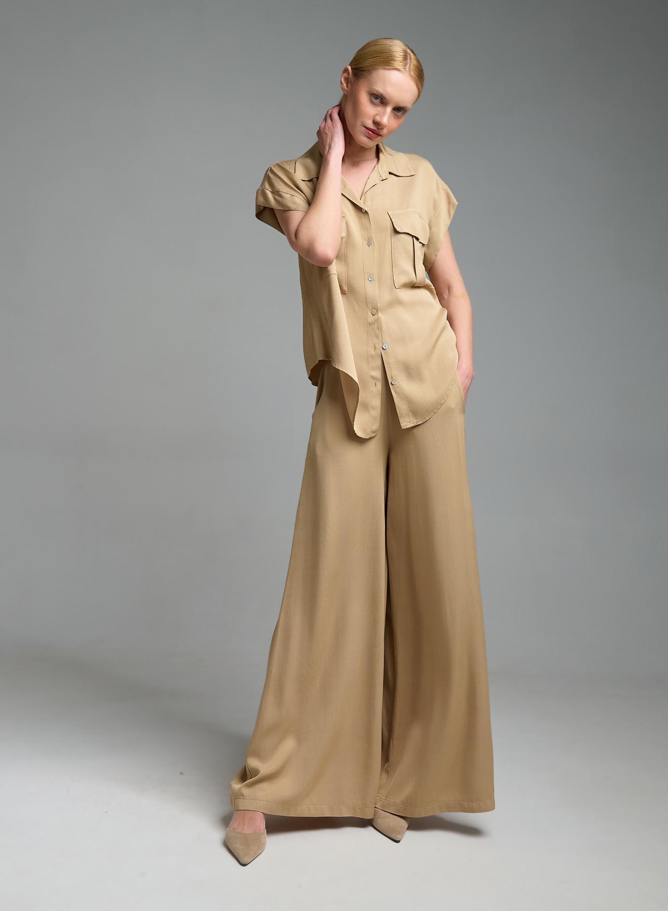 Μπεζ wide legs Παντελόνι με λάστιχο πίσω στη μέση Eco - 4