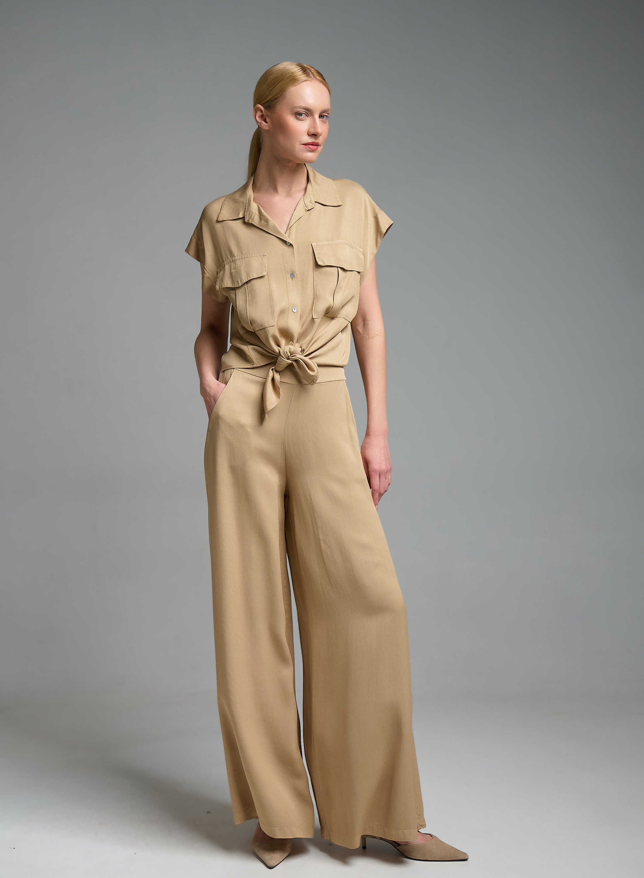 Μπεζ Πουκάμισο με κοντά μανίκια και κόμπο μπροστά Eco - 6