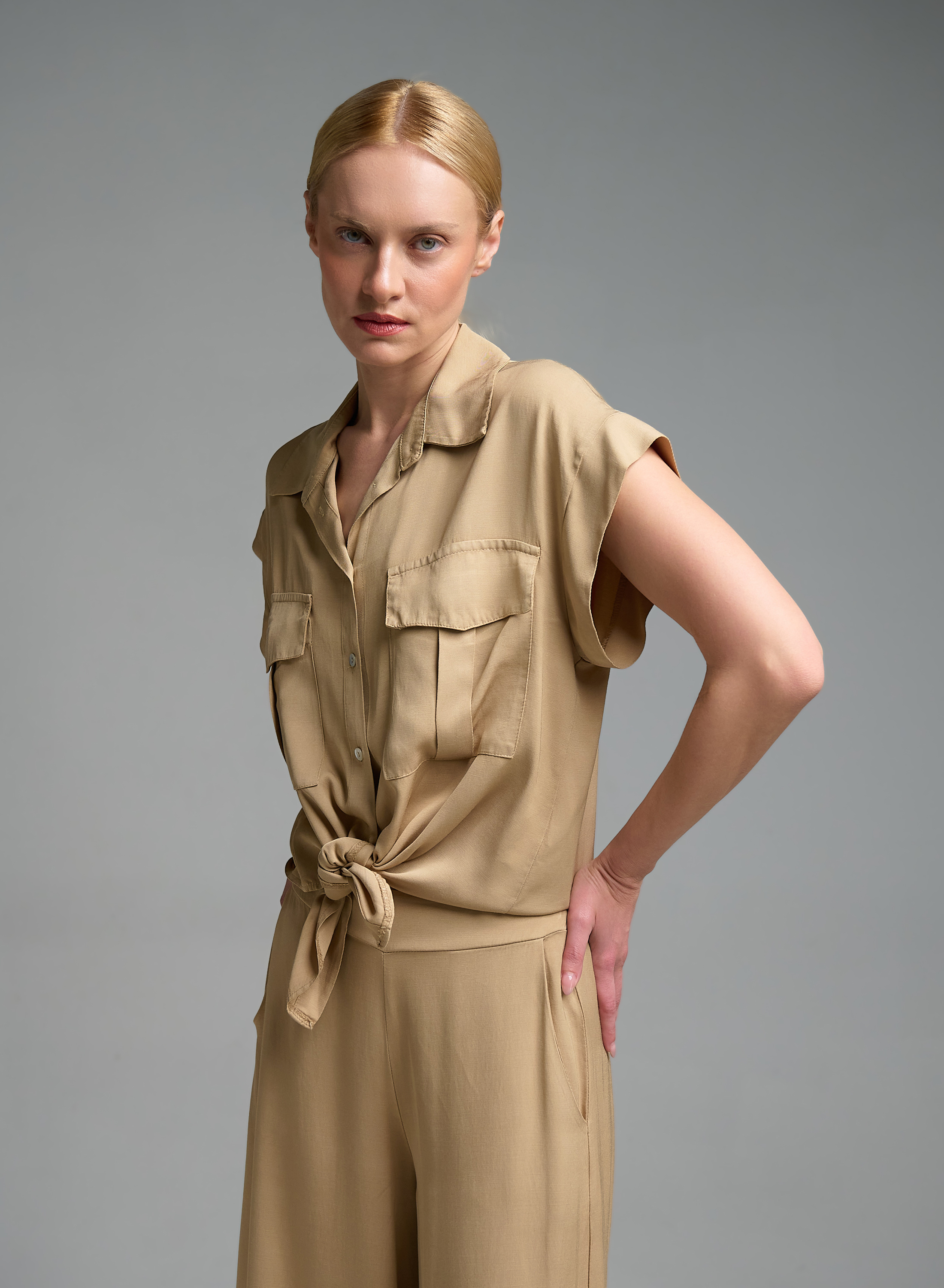 Μπεζ Πουκάμισο με κοντά μανίκια και κόμπο μπροστά Eco - 0