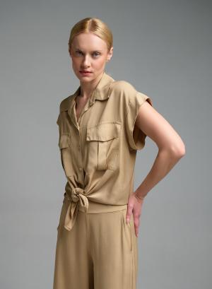 Μπεζ Πουκάμισο με κοντά μανίκια και κόμπο μπροστά Eco - 57702