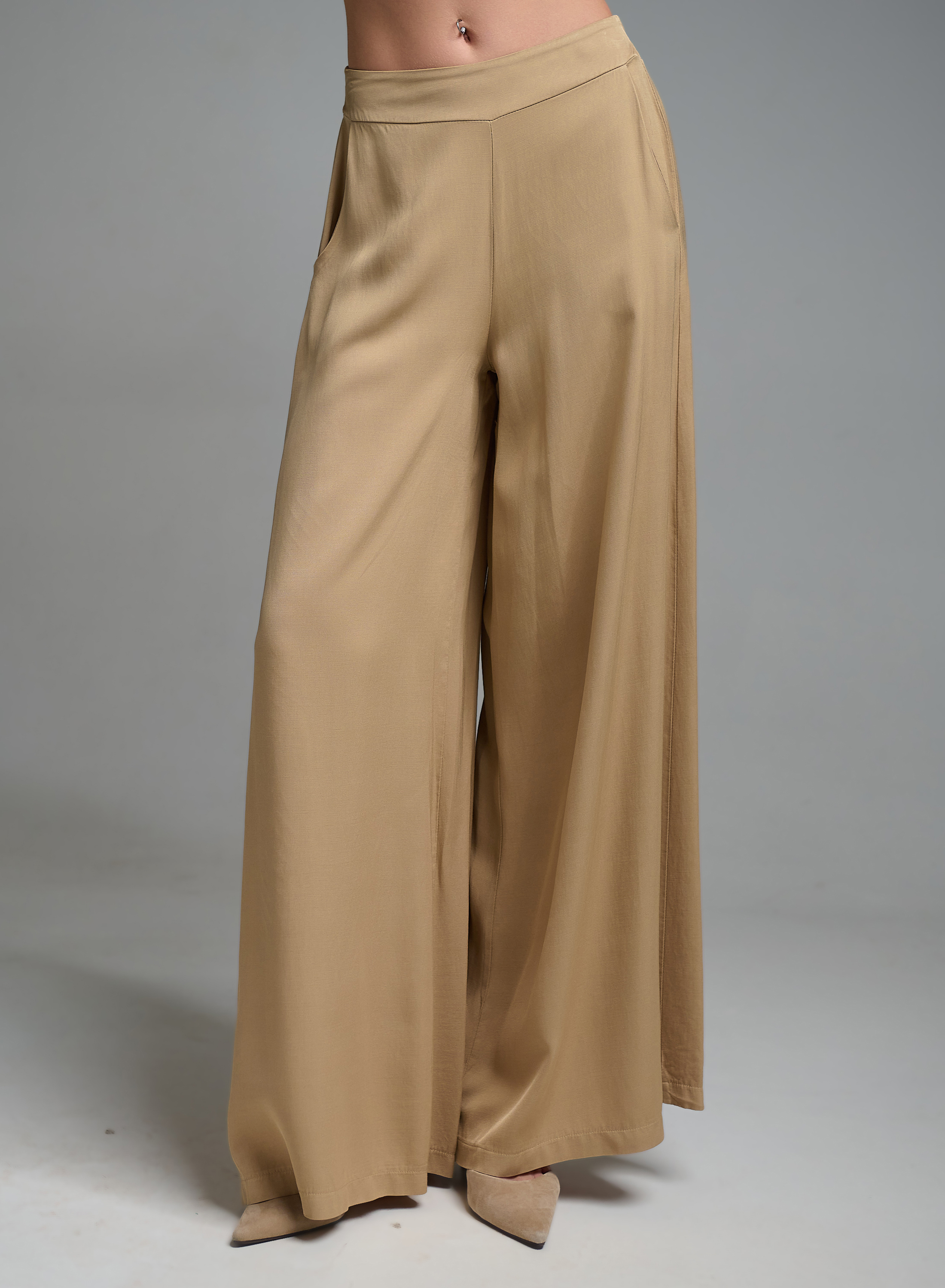 Μπεζ wide legs Παντελόνι με λάστιχο πίσω στη μέση Eco - 4