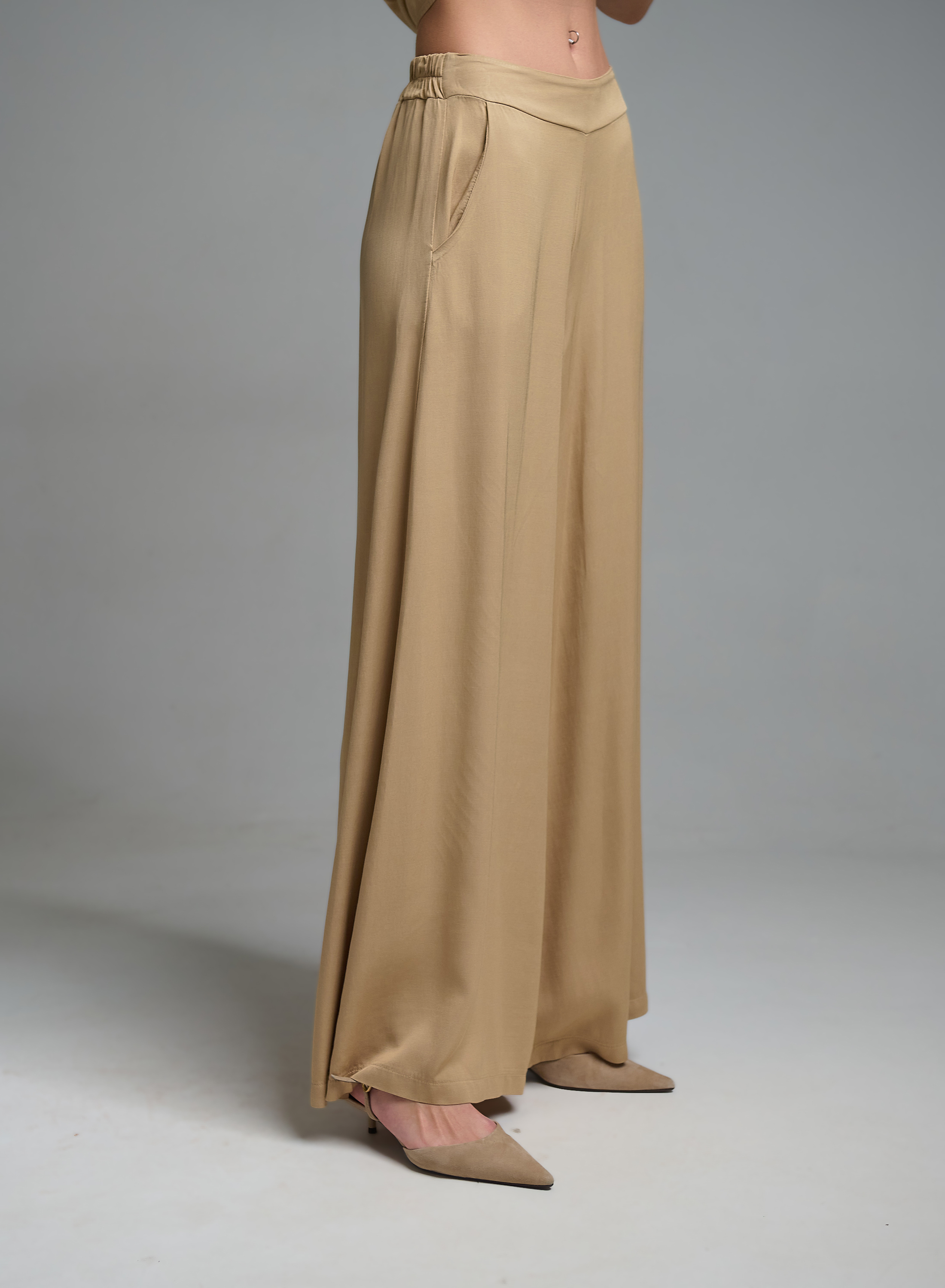 Μπεζ wide legs Παντελόνι με λάστιχο πίσω στη μέση Eco - 5