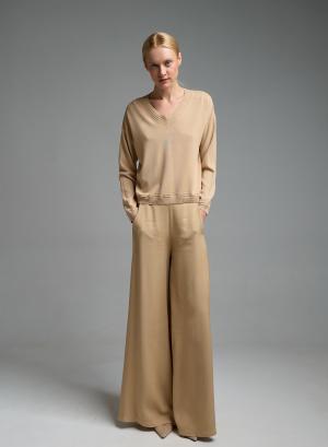 Μπεζ Πουλόβερ με V λαιμόκοψη και με ανάγλυφες λεπτομέρειες Valentina Milano - 57747