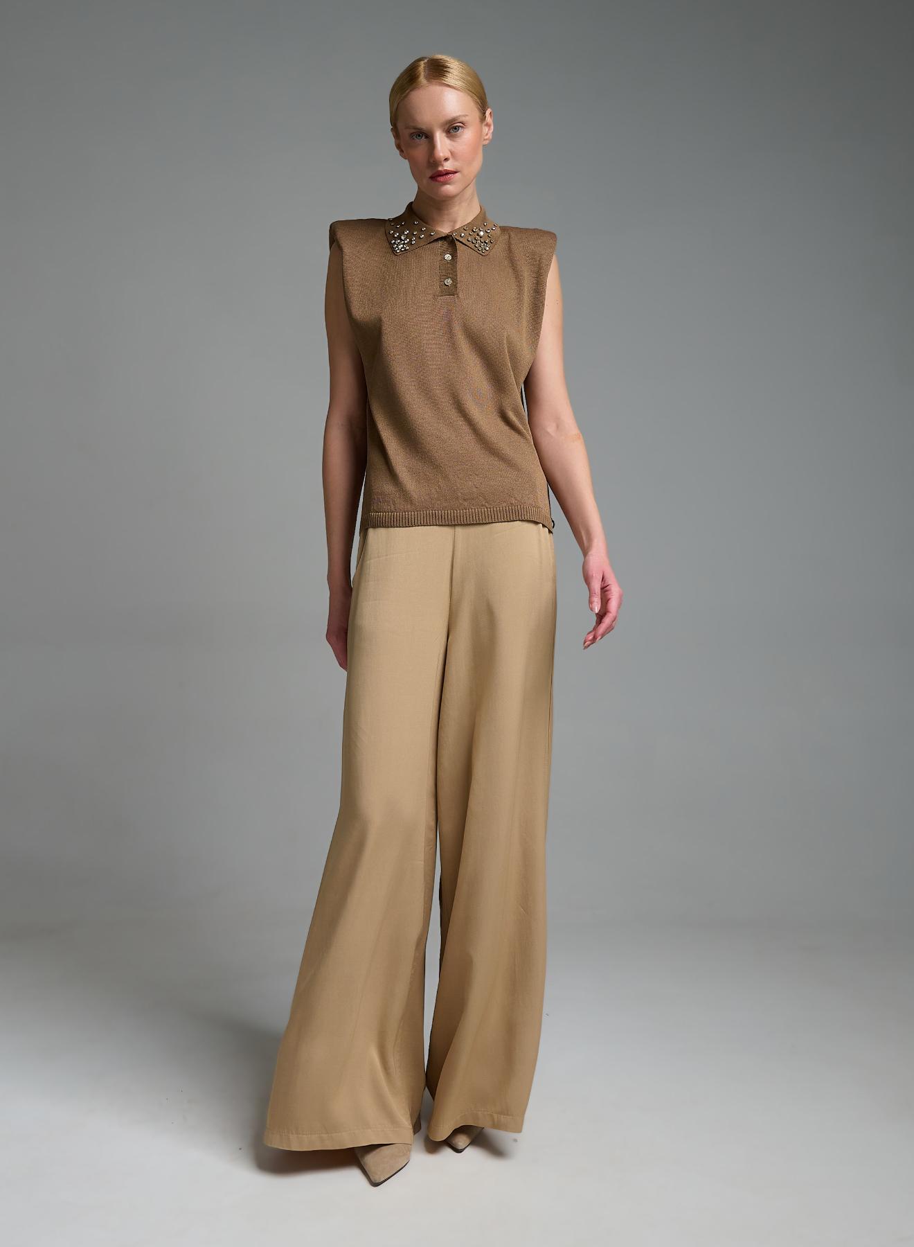 Κάμελ πλεκτή αμάνικη Μπλούζα με γιακά με διακοσμητικά κρύσταλλα Eco - 3