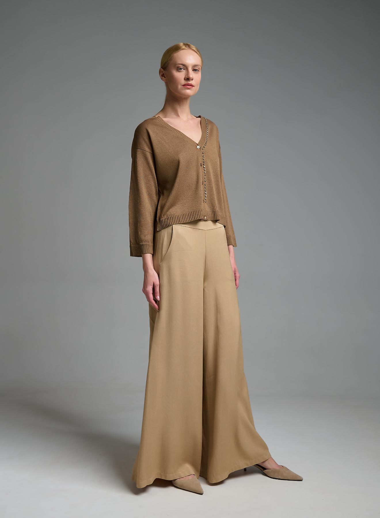 Κάμελ πλεκτή Ζακέτα με V λαιμόκοψη με διακοσμητικά κρύσταλλα Eco - 4