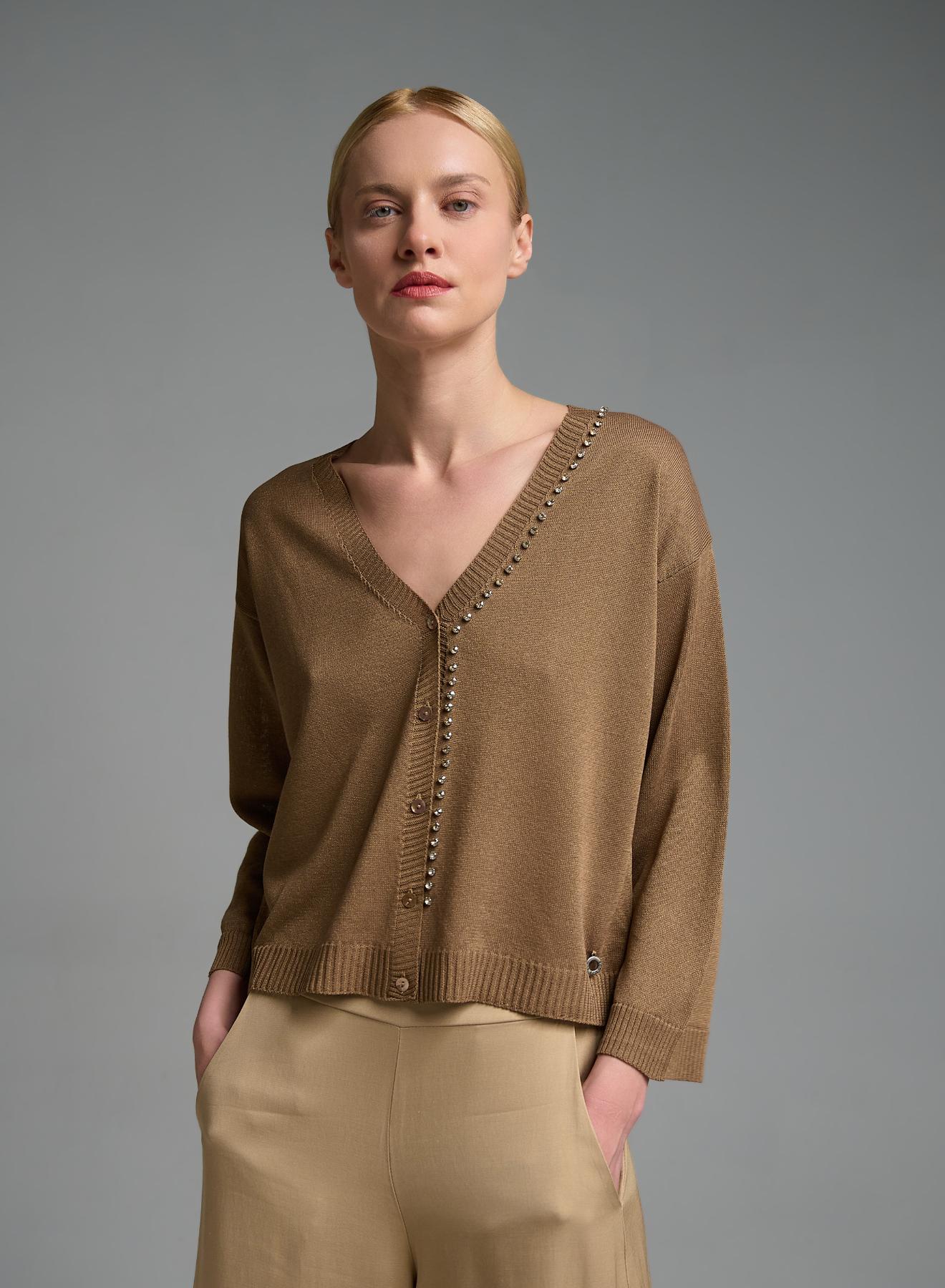 Κάμελ πλεκτή Ζακέτα με V λαιμόκοψη με διακοσμητικά κρύσταλλα Eco - 1