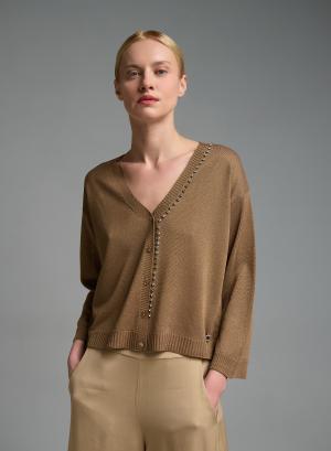 Κάμελ πλεκτή Ζακέτα με V λαιμόκοψη με διακοσμητικά κρύσταλλα Eco - 57780