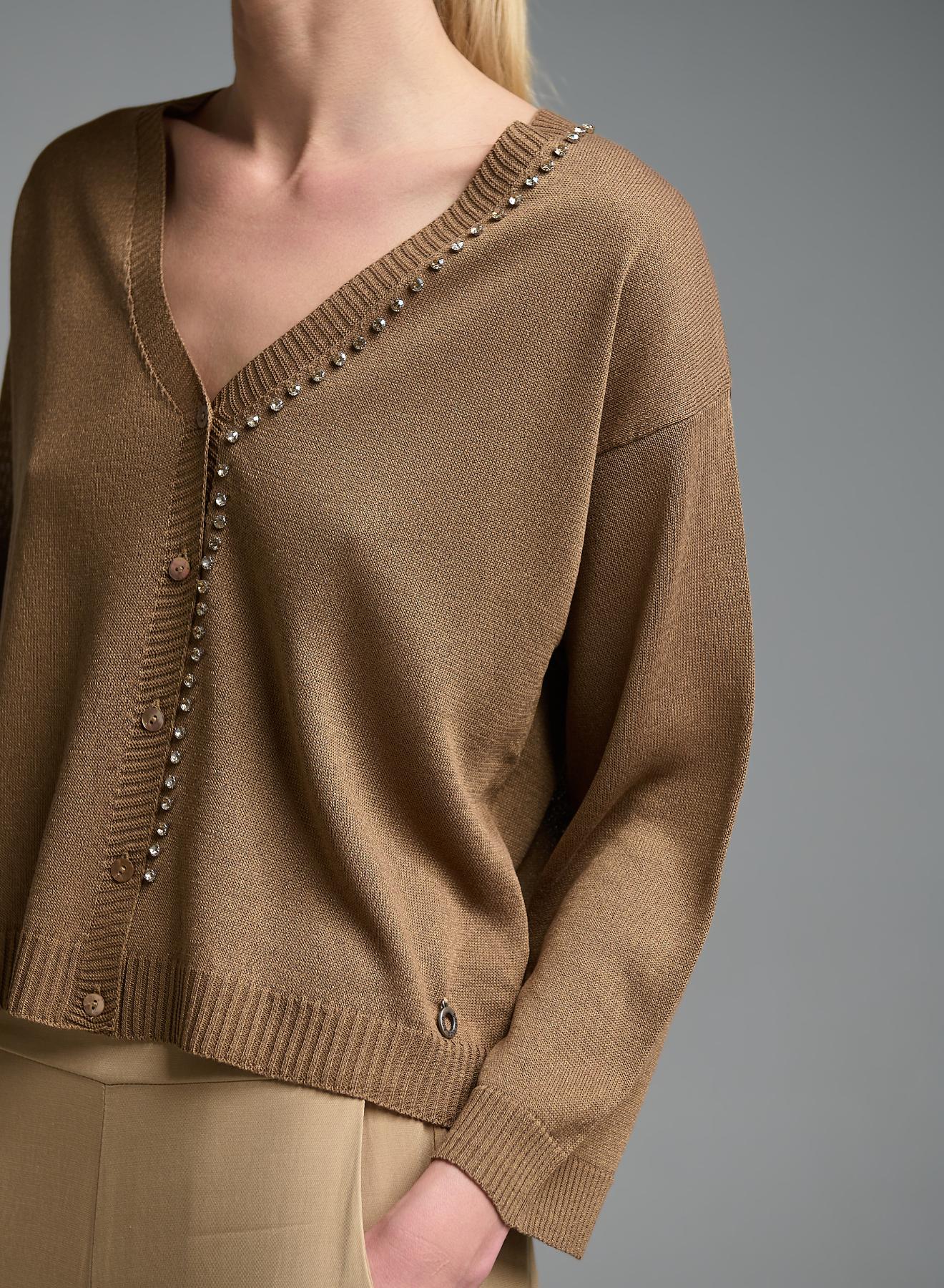 Κάμελ πλεκτή Ζακέτα με V λαιμόκοψη με διακοσμητικά κρύσταλλα Eco - 5