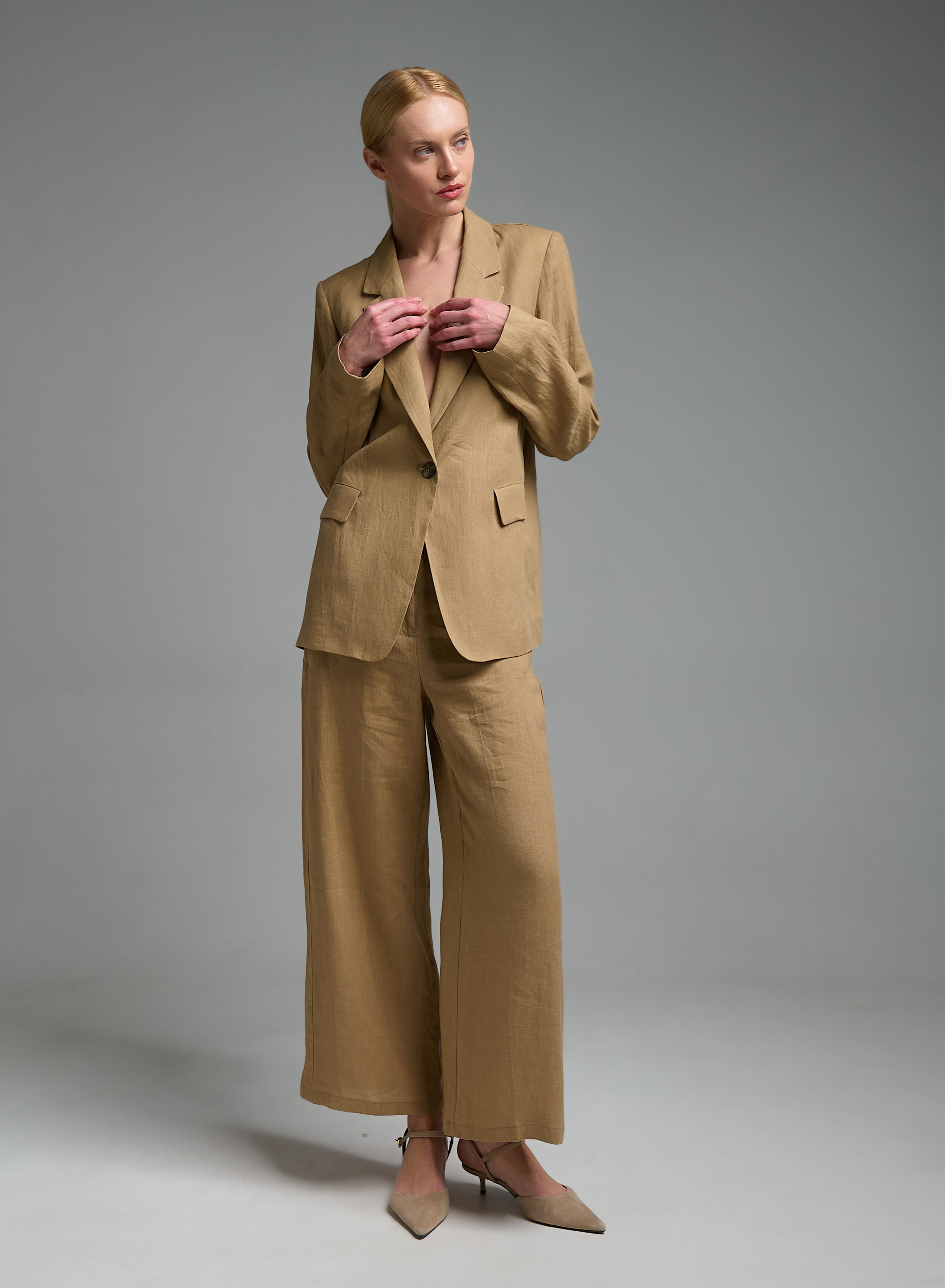 Κάμελ λινό Σακάκι Τζιν με ένα κουμπί Emme Marella - 5