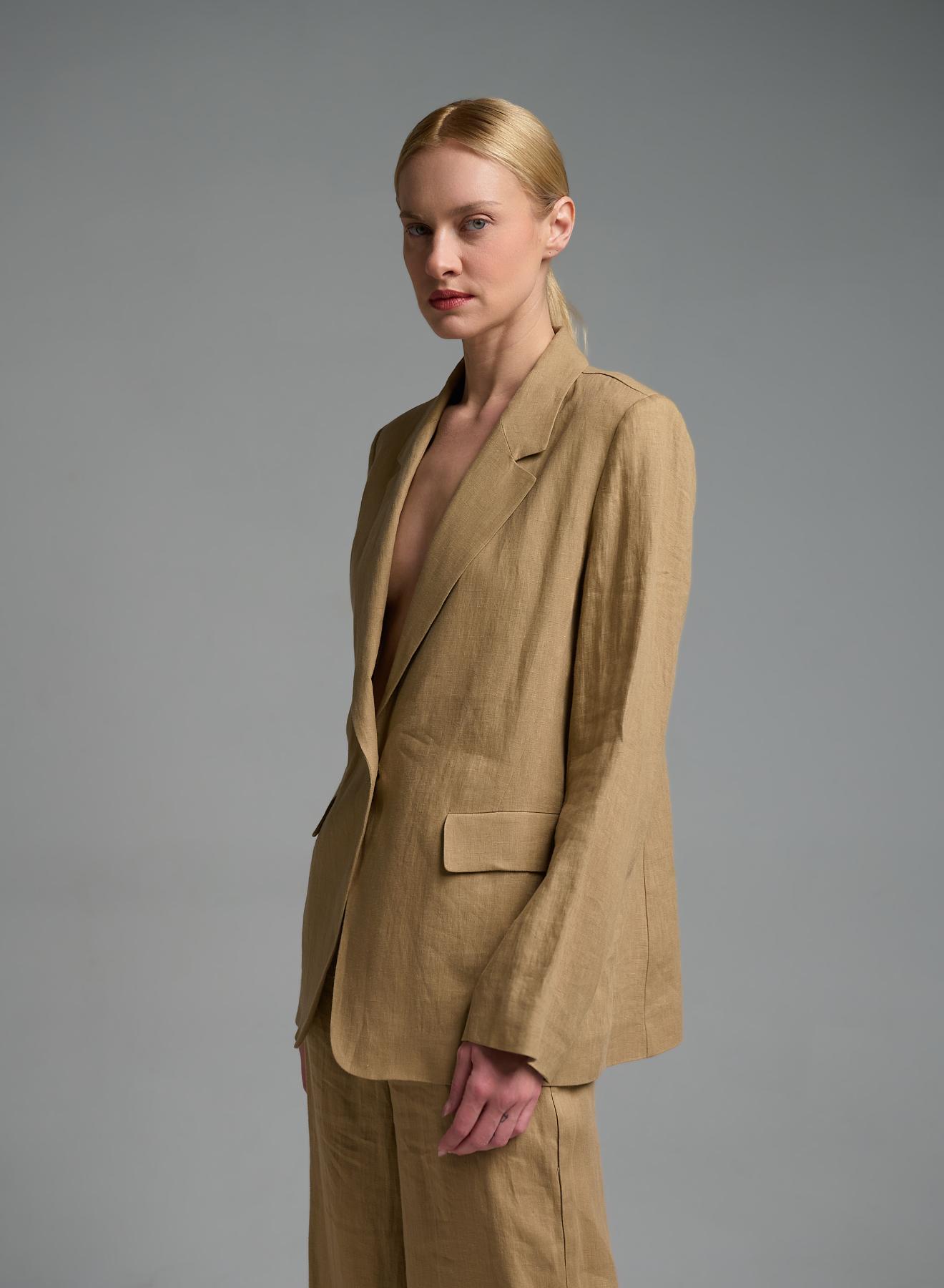 Κάμελ λινό Σακάκι Τζιν με ένα κουμπί Emme Marella - 2