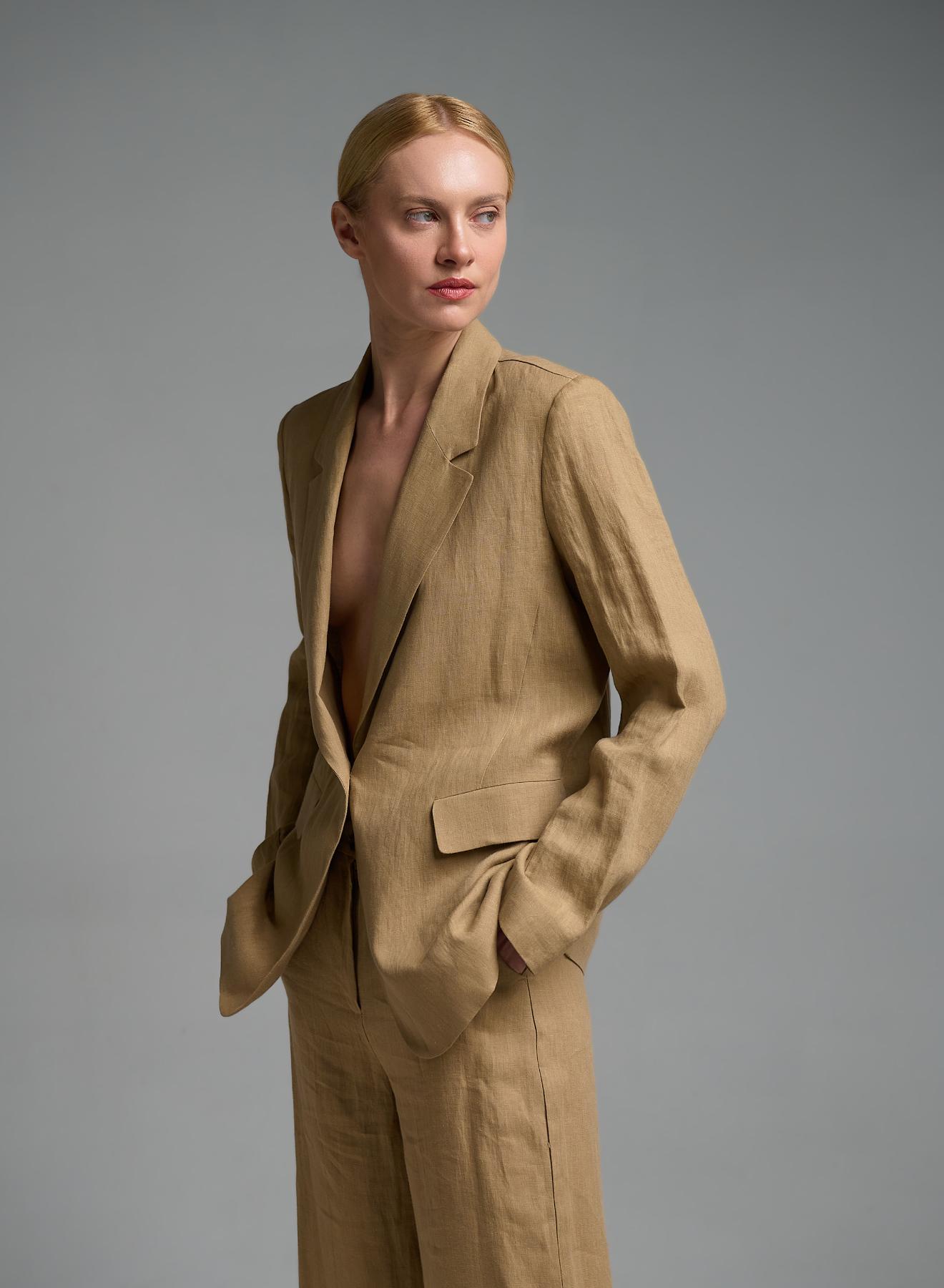 Κάμελ λινό Σακάκι Τζιν με ένα κουμπί Emme Marella - 3