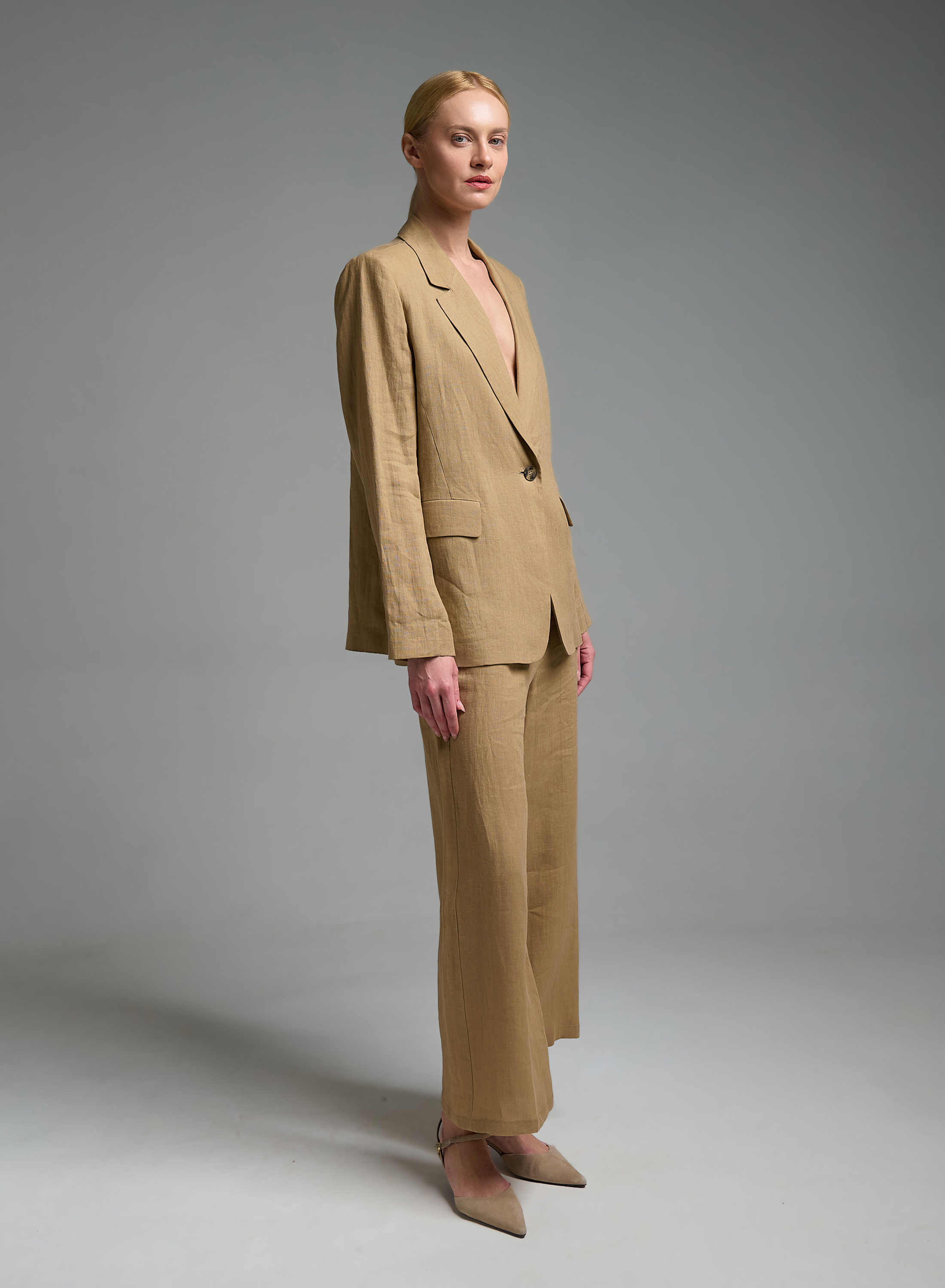 Κάμελ λινό Σακάκι Τζιν με ένα κουμπί Emme Marella - 3