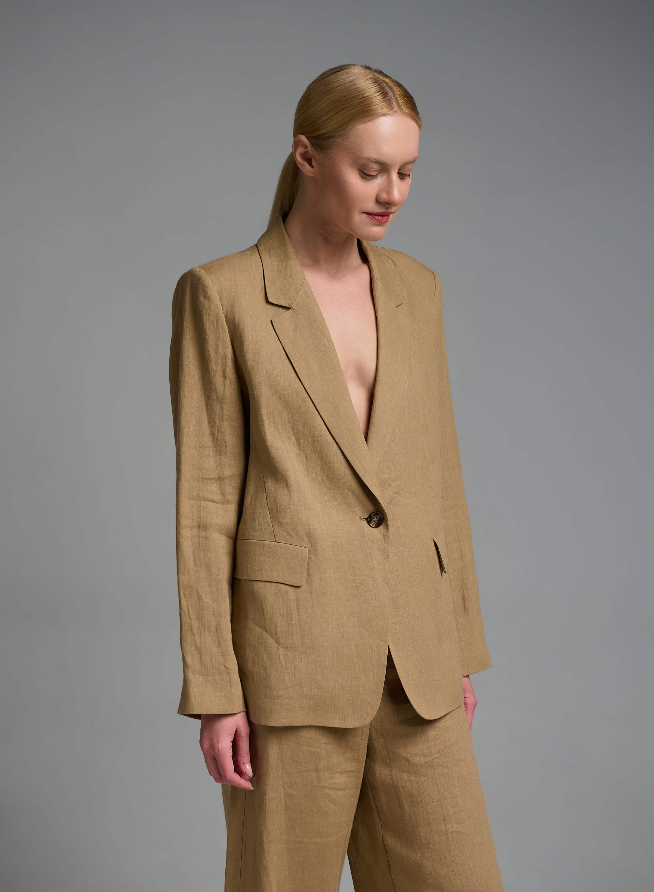 Κάμελ λινό Σακάκι Τζιν με ένα κουμπί Emme Marella - 7