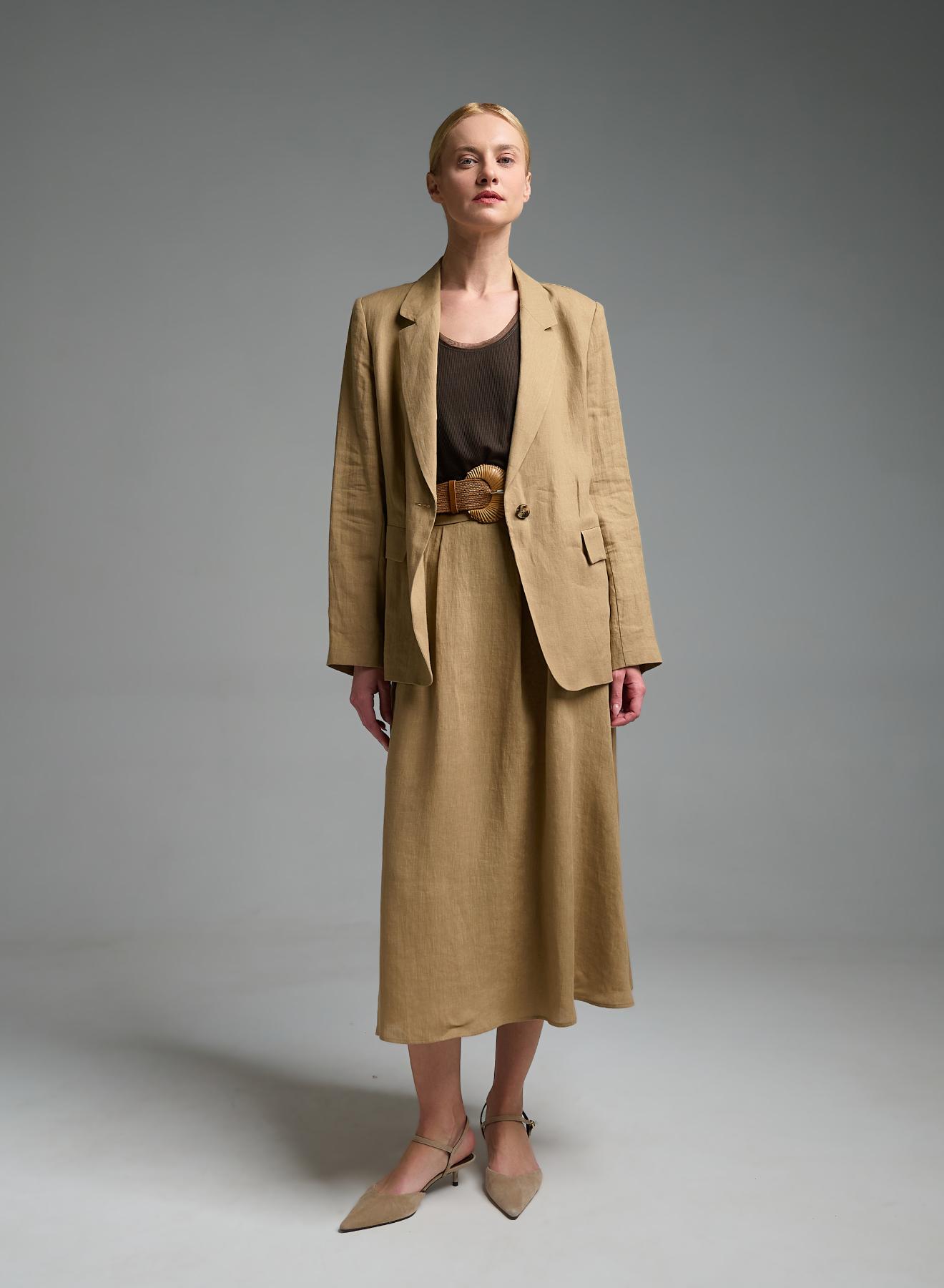 Κάμελ λινή Φούστα με πιέτες και με λάστιχο στη μέση πίσω Emme Marella - 2