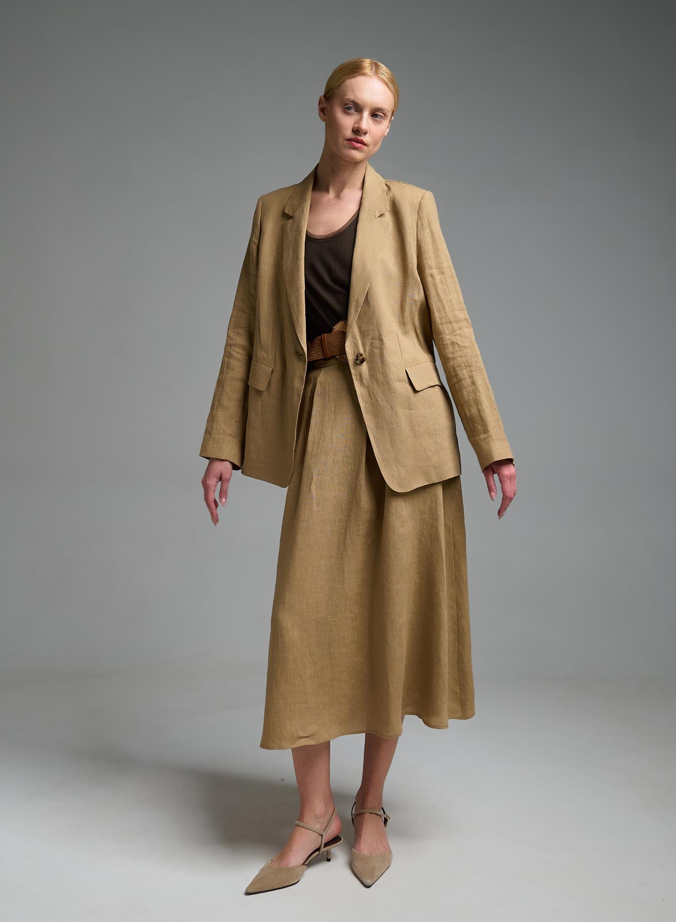 Κάμελ λινή Φούστα με πιέτες και με λάστιχο στη μέση πίσω Emme Marella - 3