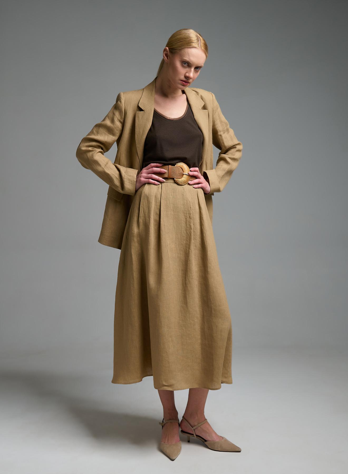 Κάμελ λινή Φούστα με πιέτες και με λάστιχο στη μέση πίσω Emme Marella - 5