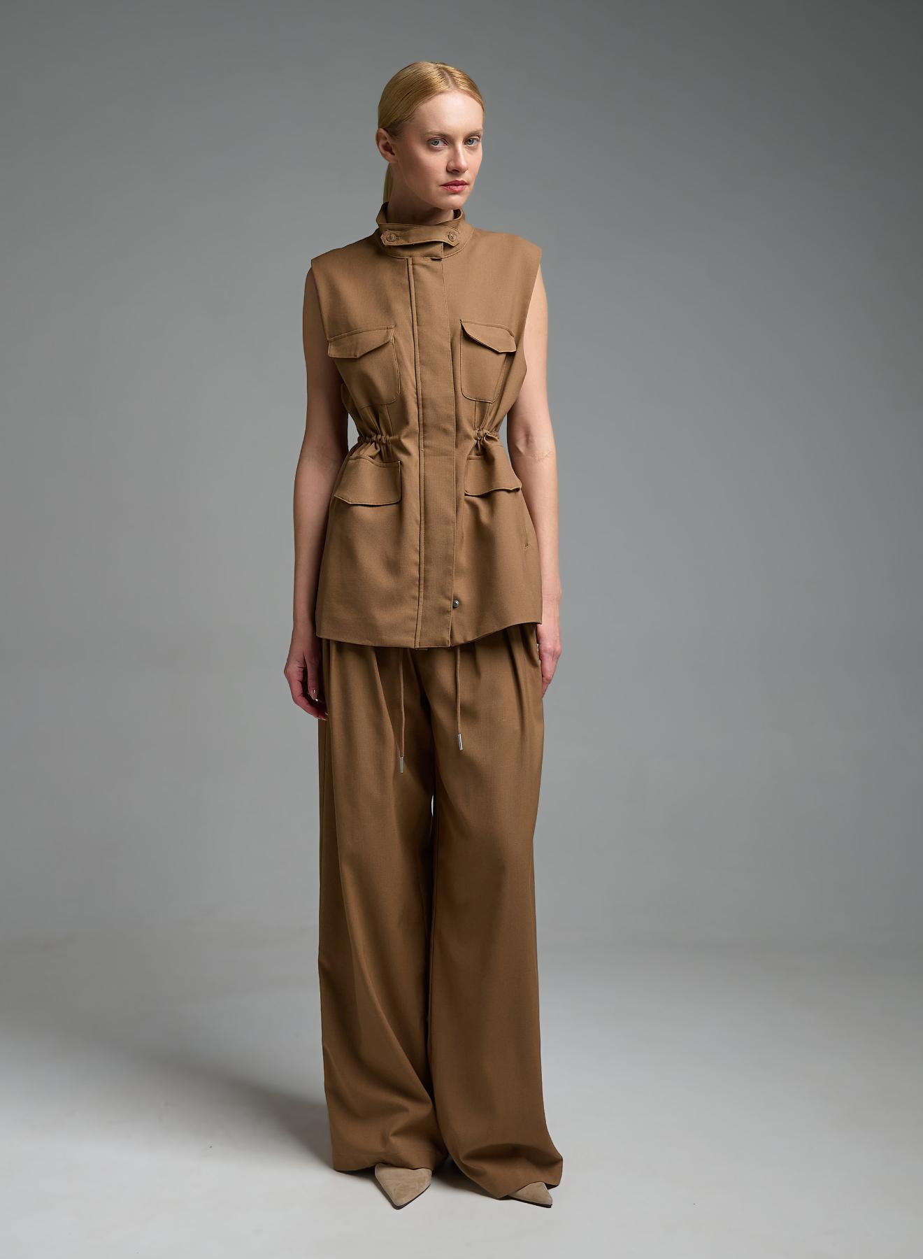 Κάμελ μακρύ Γιλέκο με τσέπες μπροστά και με κορδόνι στη μέση My Star - 3