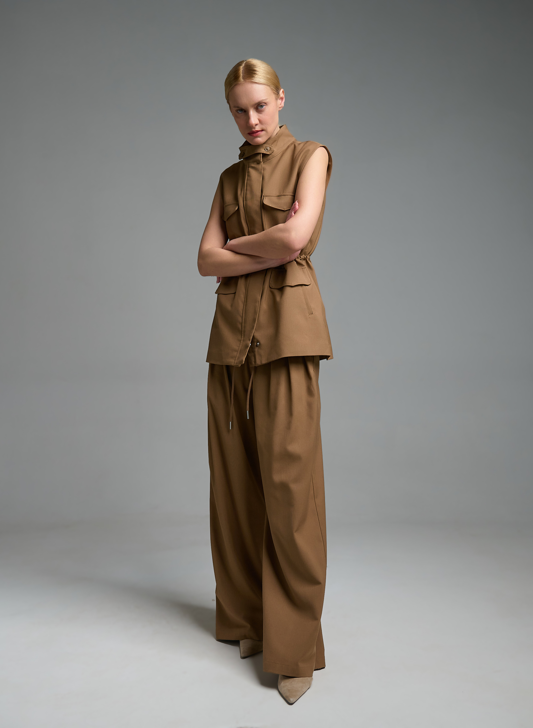 Κάμελ μακρύ Γιλέκο με τσέπες μπροστά και με κορδόνι στη μέση My Star - 3