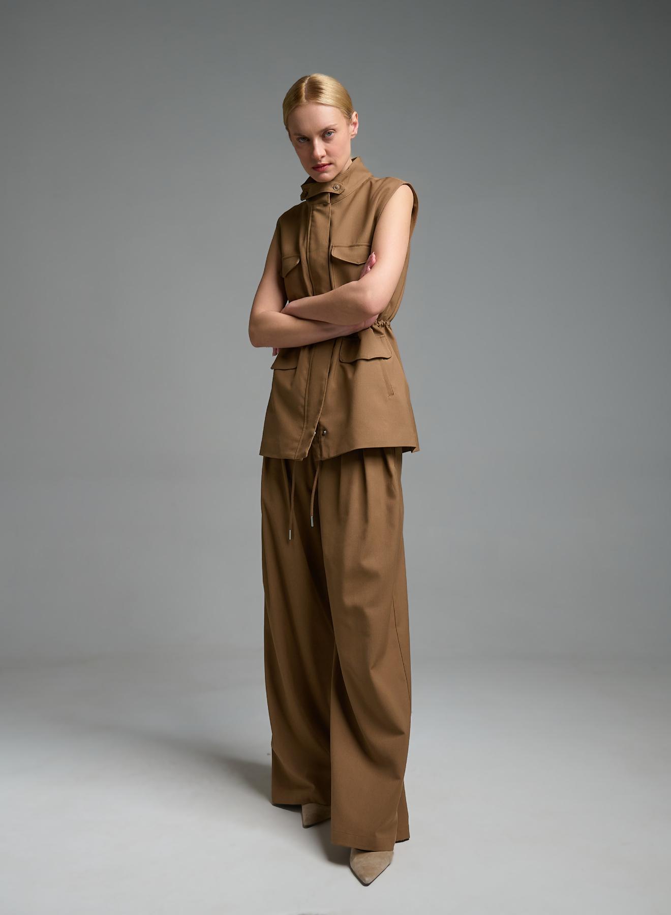 Κάμελ μακρύ Γιλέκο με τσέπες μπροστά και με κορδόνι στη μέση My Star - 4