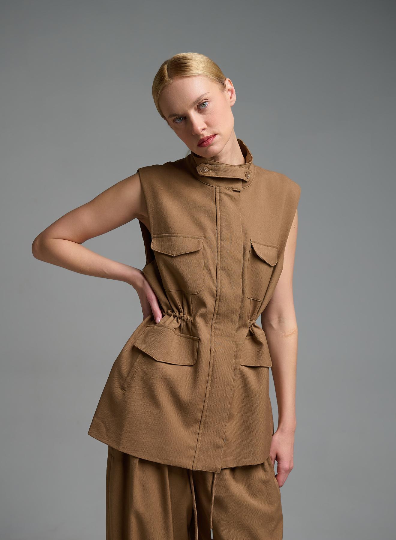 Κάμελ μακρύ Γιλέκο με τσέπες μπροστά και με κορδόνι στη μέση My Star - 2