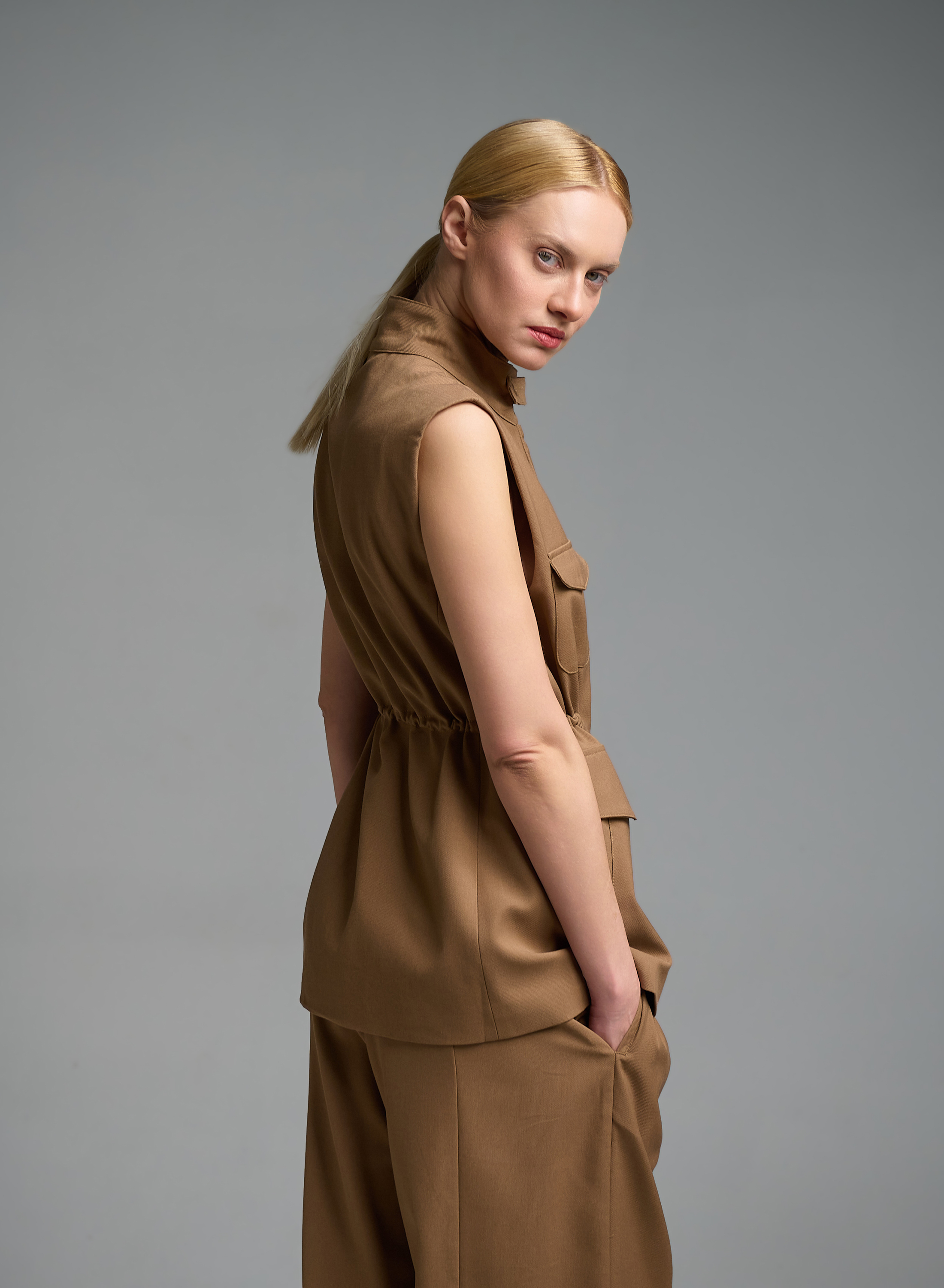 Κάμελ μακρύ Γιλέκο με τσέπες μπροστά και με κορδόνι στη μέση My Star - 6